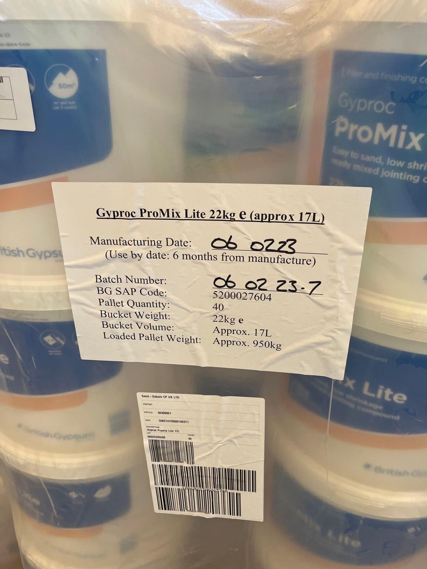 Pallet of 40 Gyproc ProMix Lite 22kg Jointing Compound - Image 2 of 2
