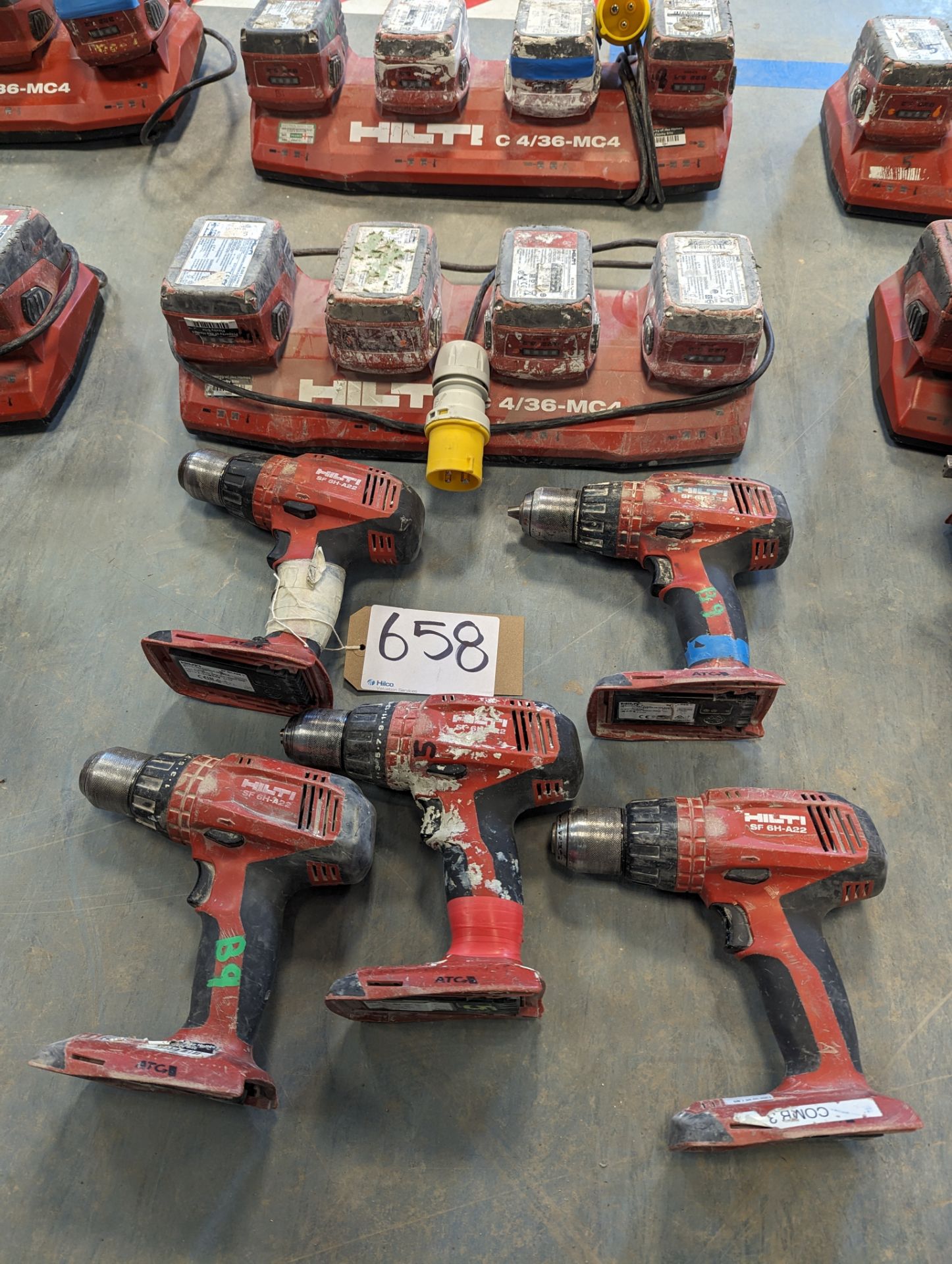(5) Hilti SF 6H-A22 Cordless Hanner Drills with (2) Hilti C 4/36-MC4 Multi Bay Charger with 4 Batter