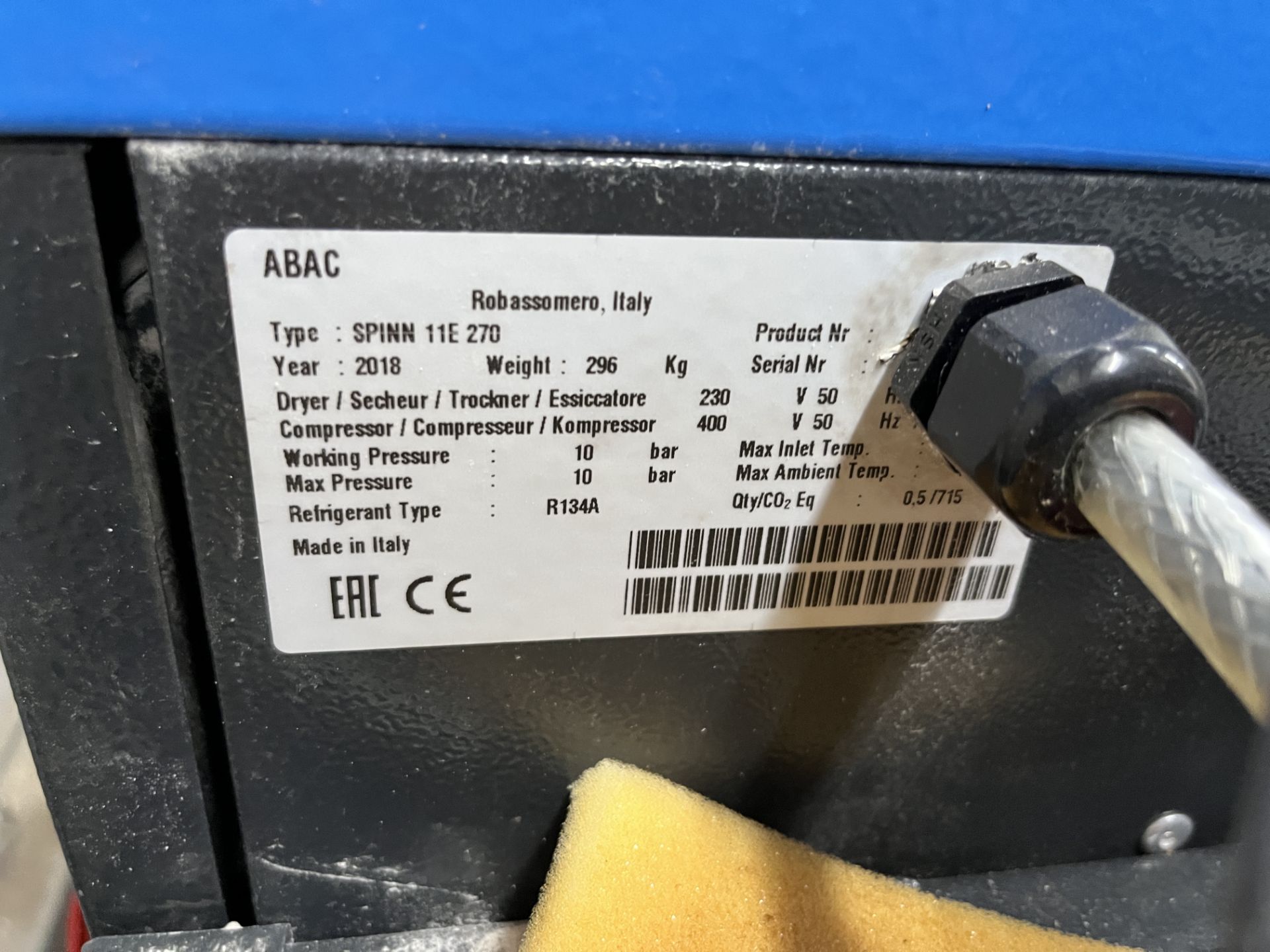 1: Abac Type SPINN 11E 270 11kW Receiver Mounted Air Compressor (2018) - Image 2 of 2