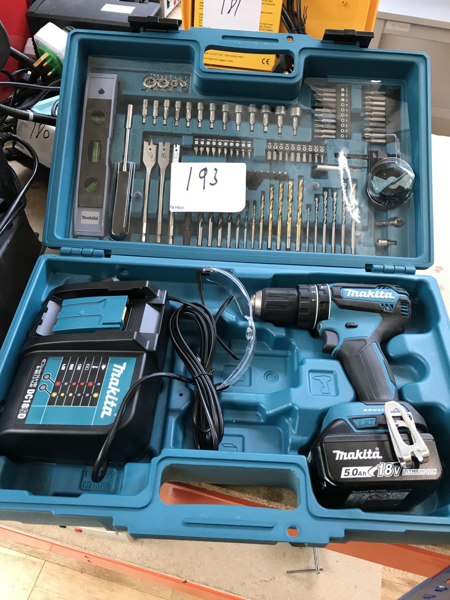 1, Makita DHP485 Cordless Combi Drill Set with 18v Battery, Charger and Accessories in carry case, A