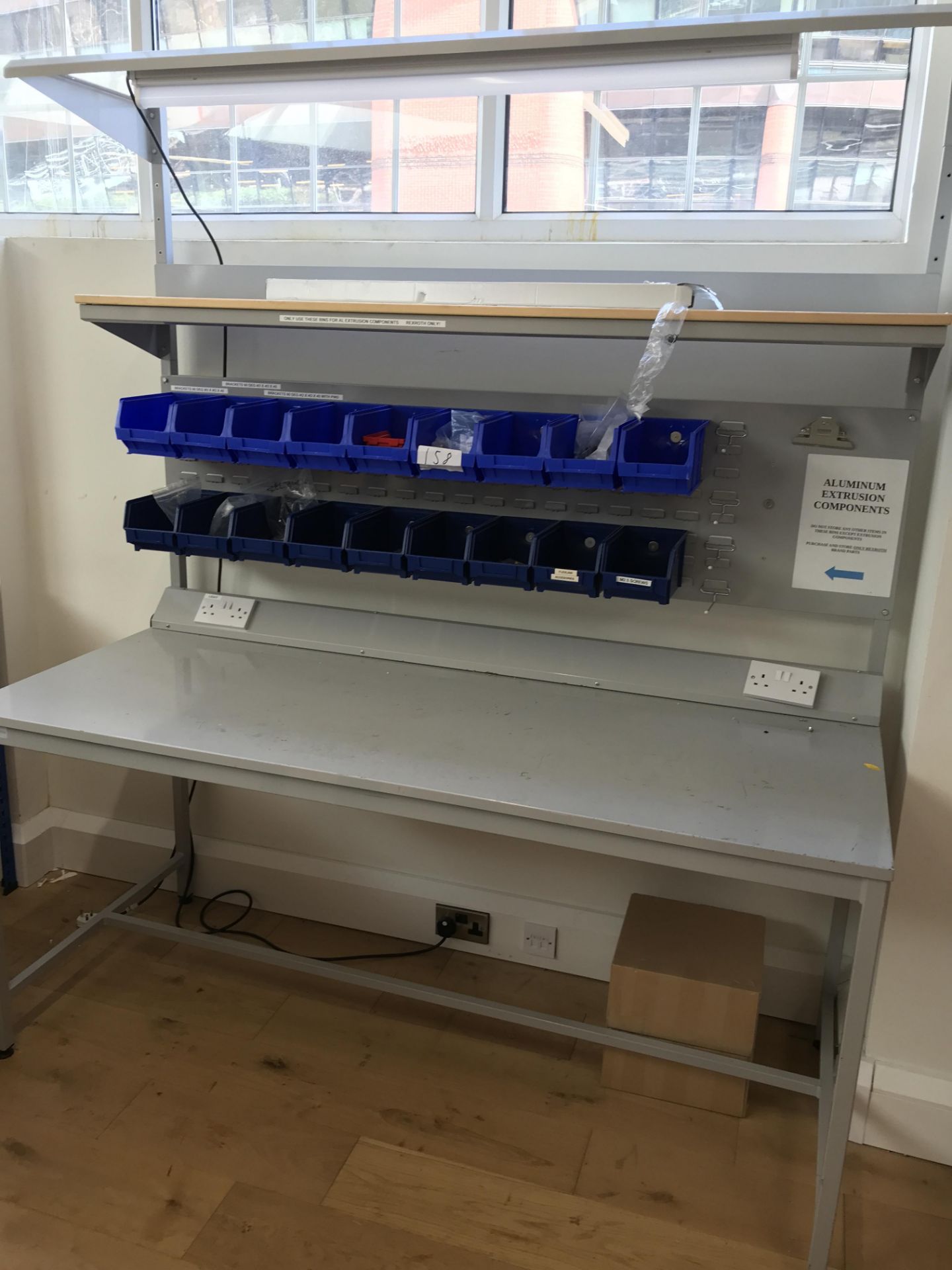 1, Approx 1800mm x 800mm Steel Work Bench with Sockets, Lighting, Tote Bins and Shelf Over