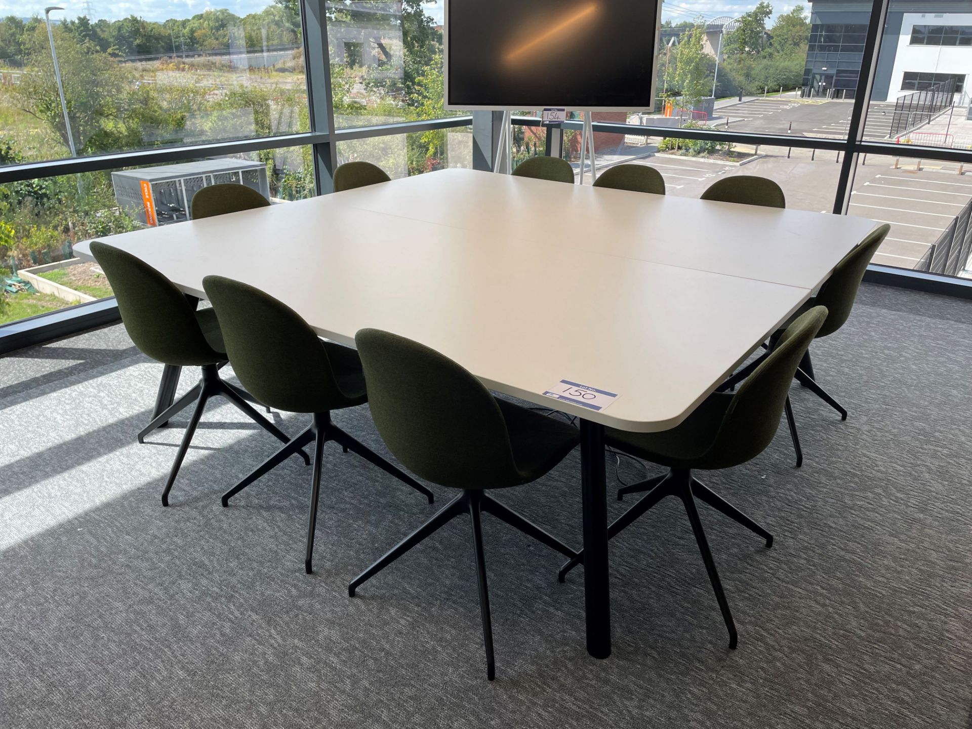 White Boardroom Table, 10 Fabric Upholstered Chairs