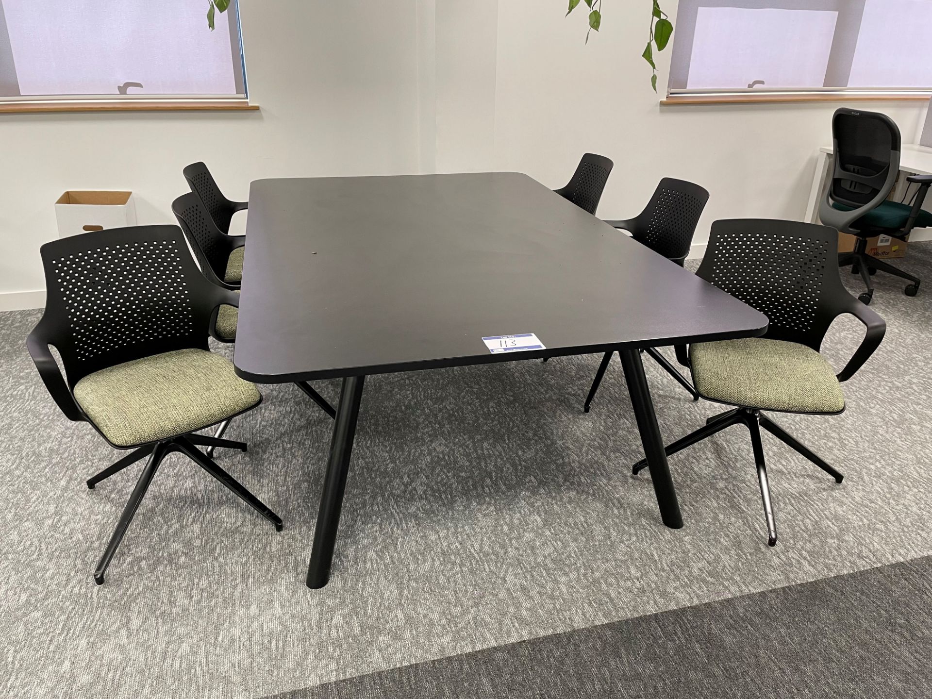Black Meeting Table with 6 Fabric Upholstered Swivel Chairs