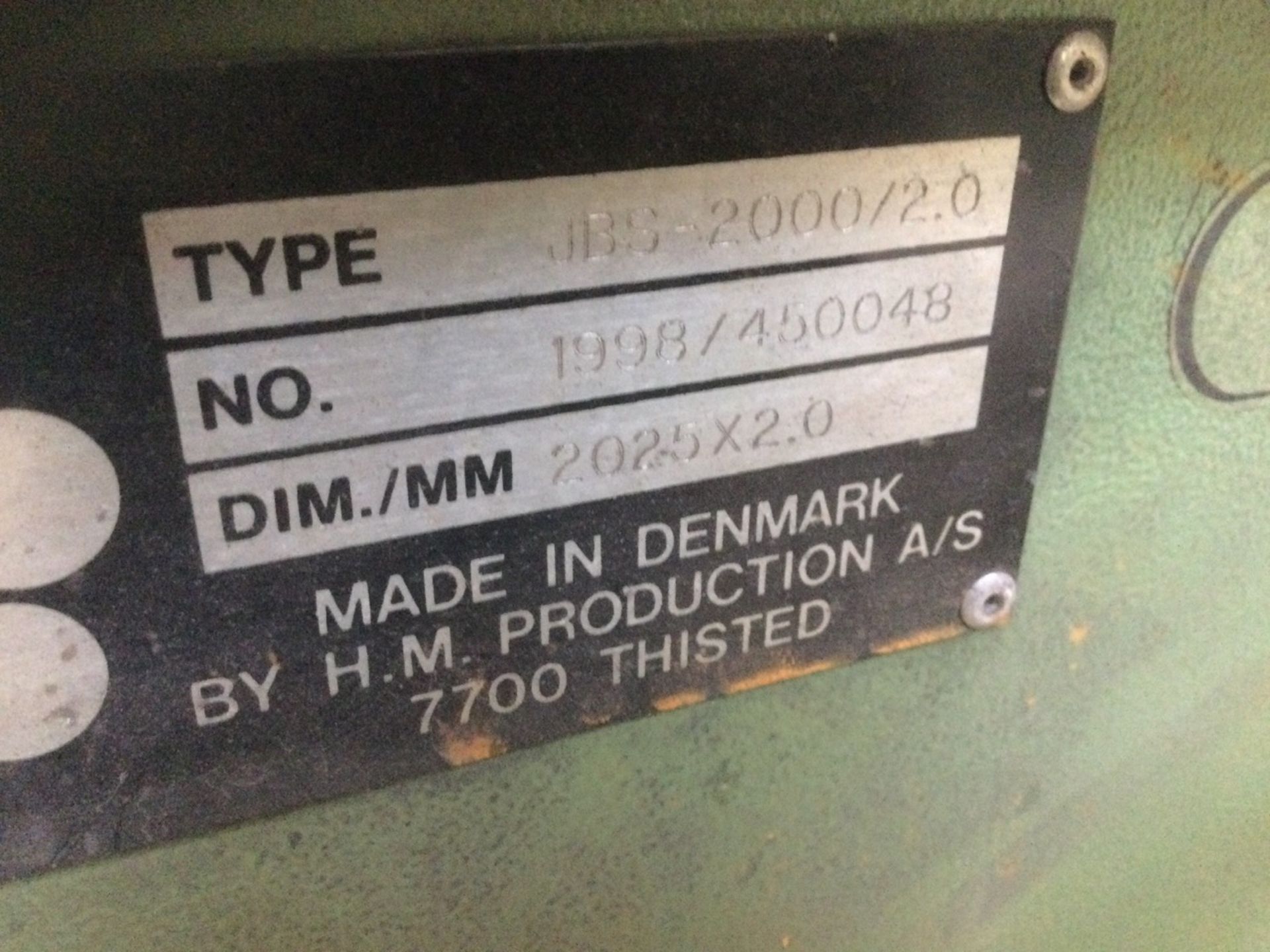 HM Machinery Type JBS-2000/2.0 Motorised Sheet Metal Sheer, Capacity 2025 x 2.0mm Serial Number 450 - Image 2 of 2