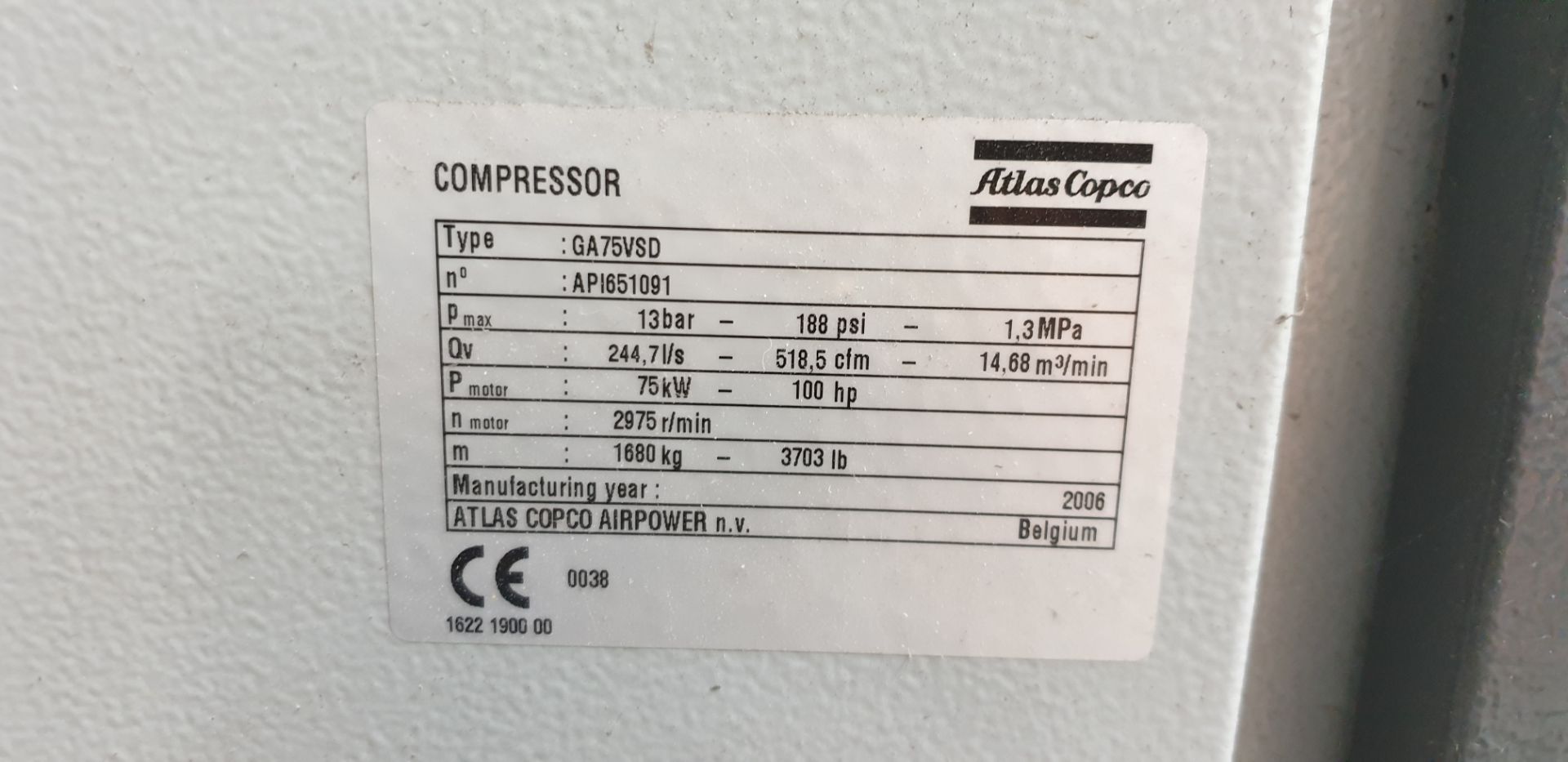 1: Atlas Copco, GA 75 VSD, Compressor, Serial Number: AP1651091, Year of Manufacture: 2006 complete - Image 3 of 9