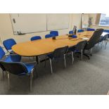 1: c.5 metre long Oval Conference Table with 14: blue upholstered chrome framed chairs