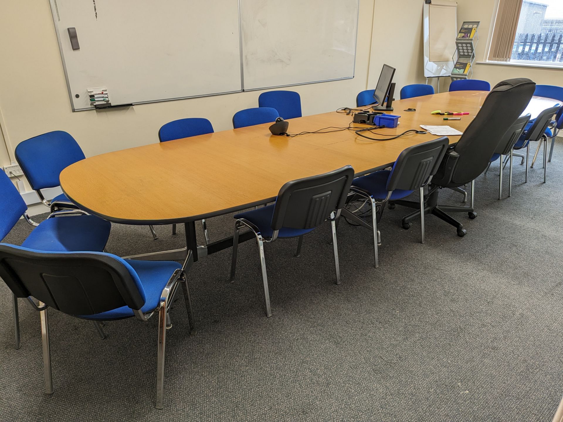 1: c.5 metre long Oval Conference Table with 14: blue upholstered chrome framed chairs