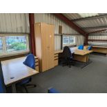 4: desks, 3: pedestal units, 1: tall two door cupboard, 4: swivel chairs (Located on First Floor)