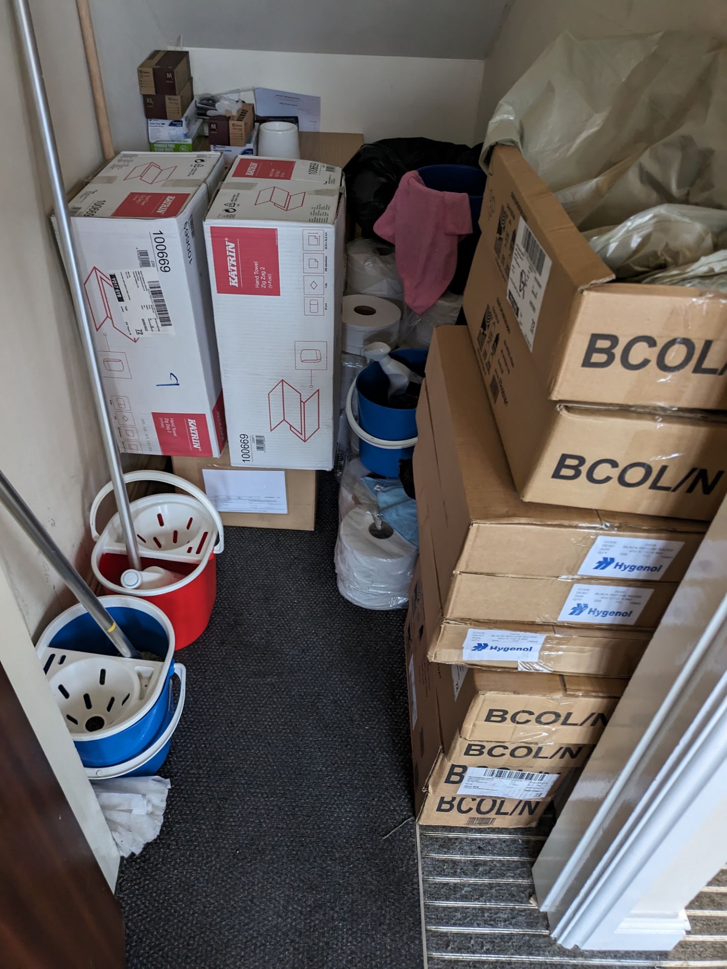 Contents of cleaning cupboard comprising paper towels, refuse sacks, paper rolls, vinyl gloves, mops