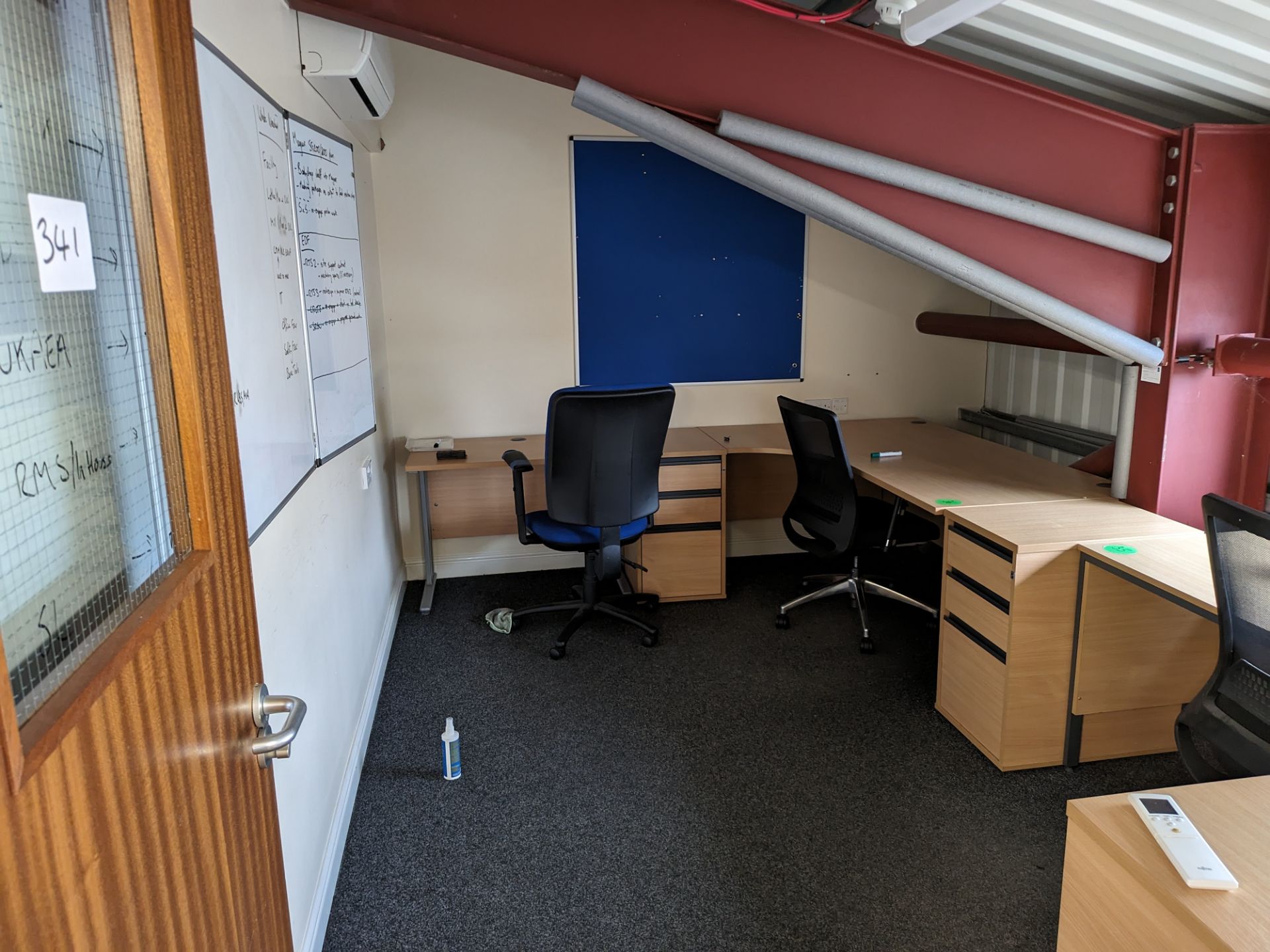Contents of first floor office (Excluding Lot 342) comprising 3: desks, 3: pedestal units, 3: chairs