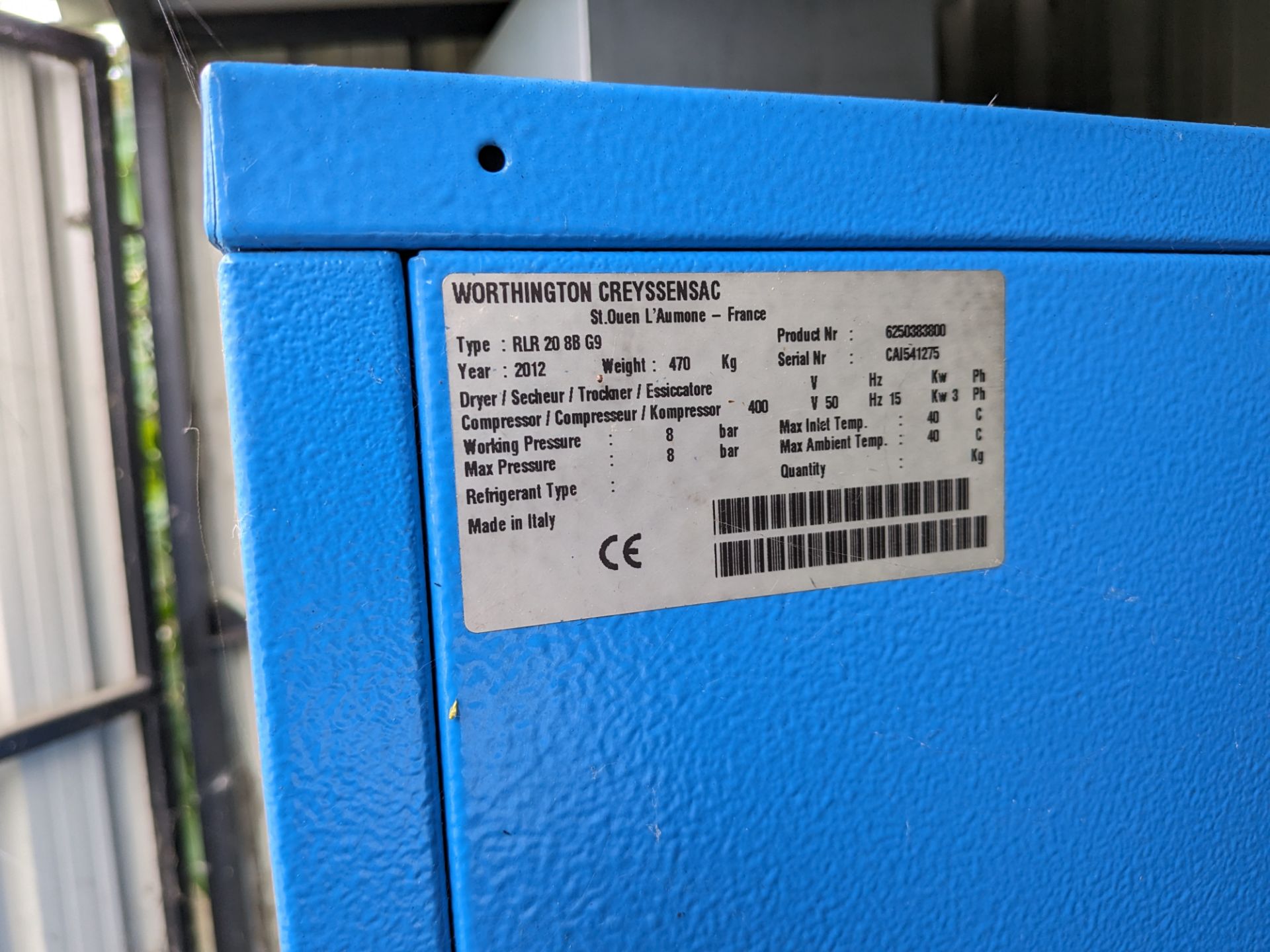 1: Worthington Creyssensac Rollair 20 Package Screw Compressor Serial number CAI541275 - Image 2 of 2