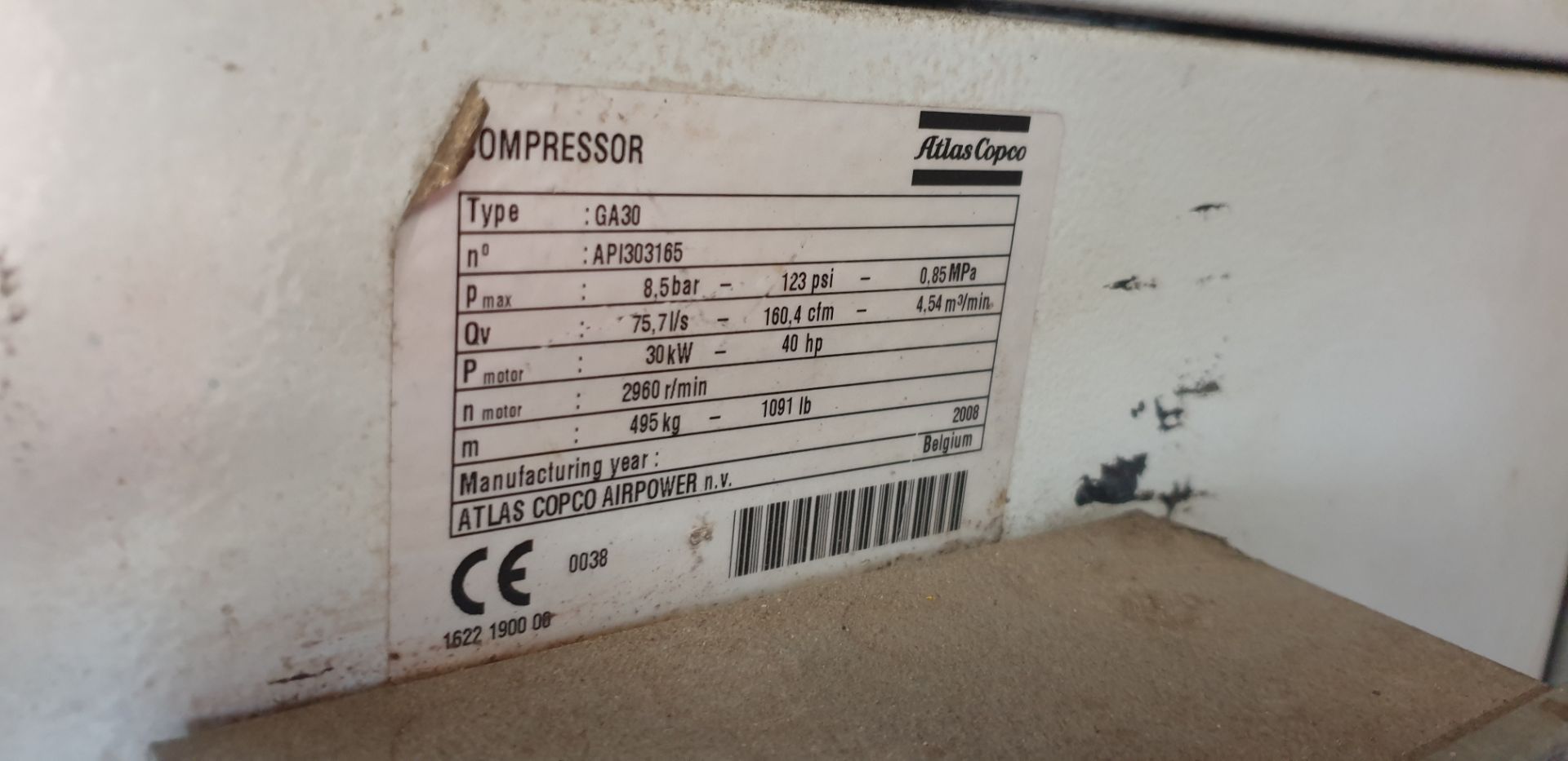 1: Atlas Copco GA30 Packaged Air Compressor Serial Number: AP1303165 Year of Manufacture: 2008 - Image 2 of 3