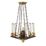 A Restauration Gilt and Patinated Bronze Twelve-Light Chandelier