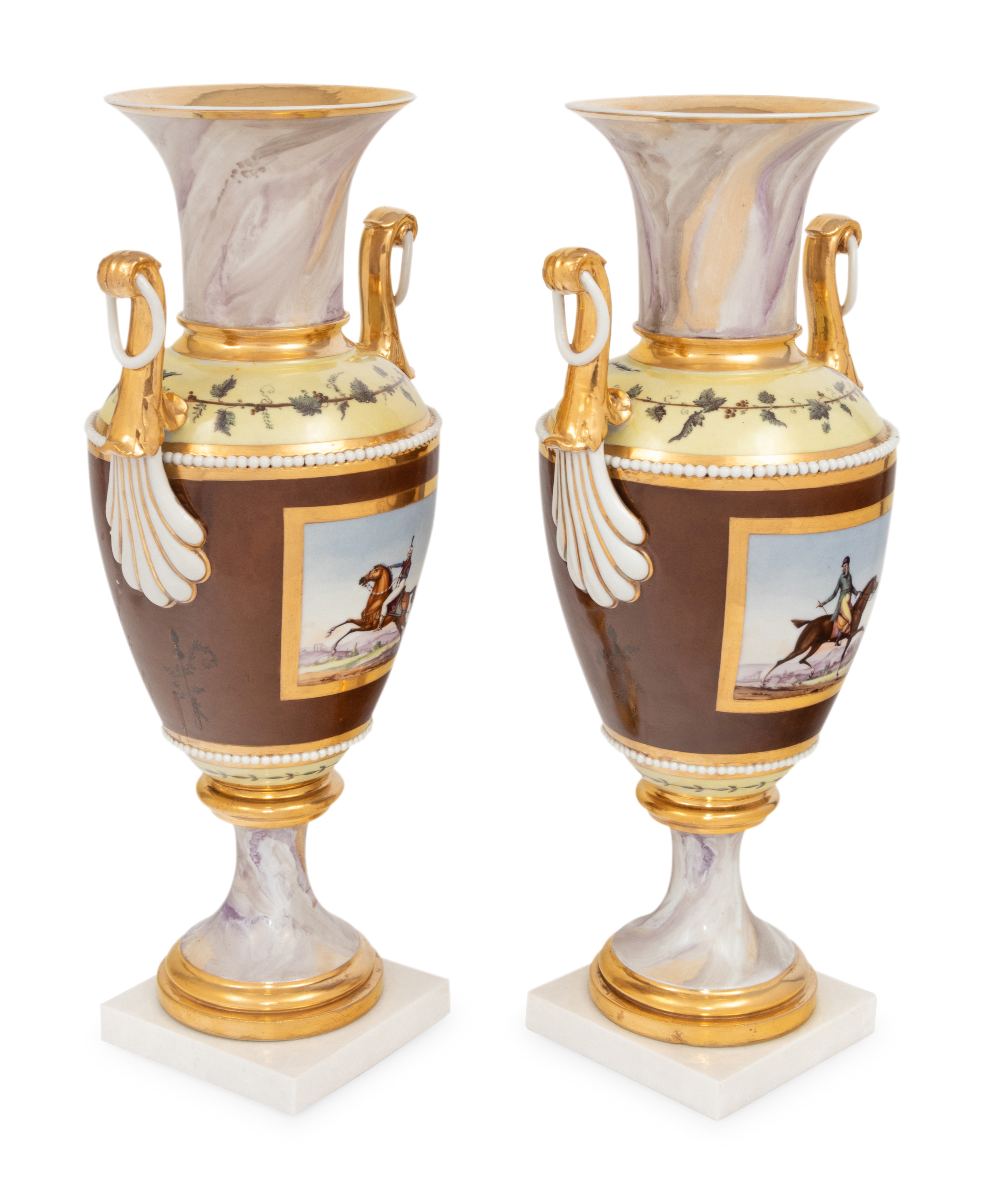 A Pair of Continental Faux Marble, Yellow and Chocolate Brown-Ground Porcelain Vases - Image 2 of 8