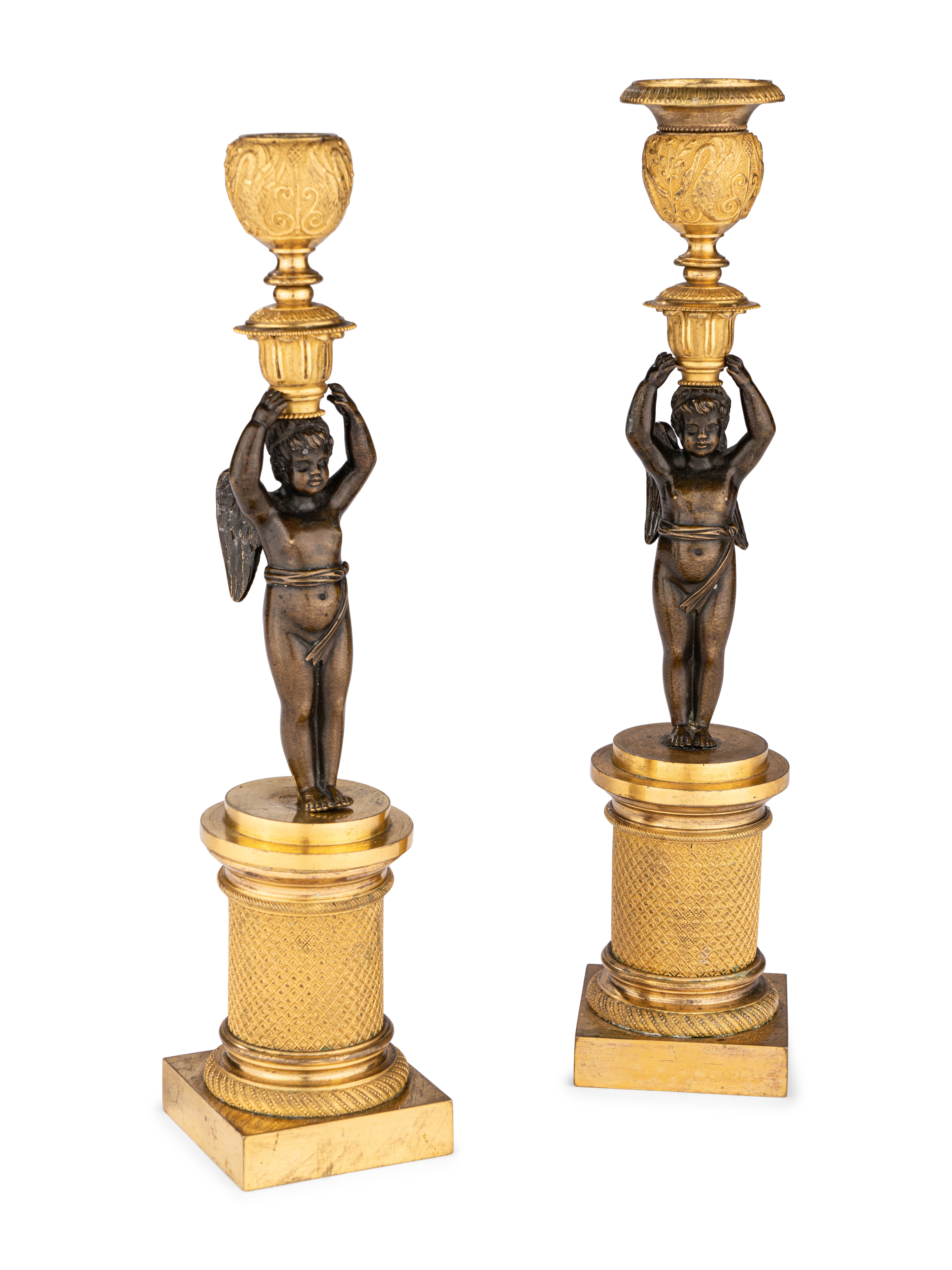A Pair of Restauration Ormolu and Patinated Bronze Figural Candlesticks - Image 2 of 6