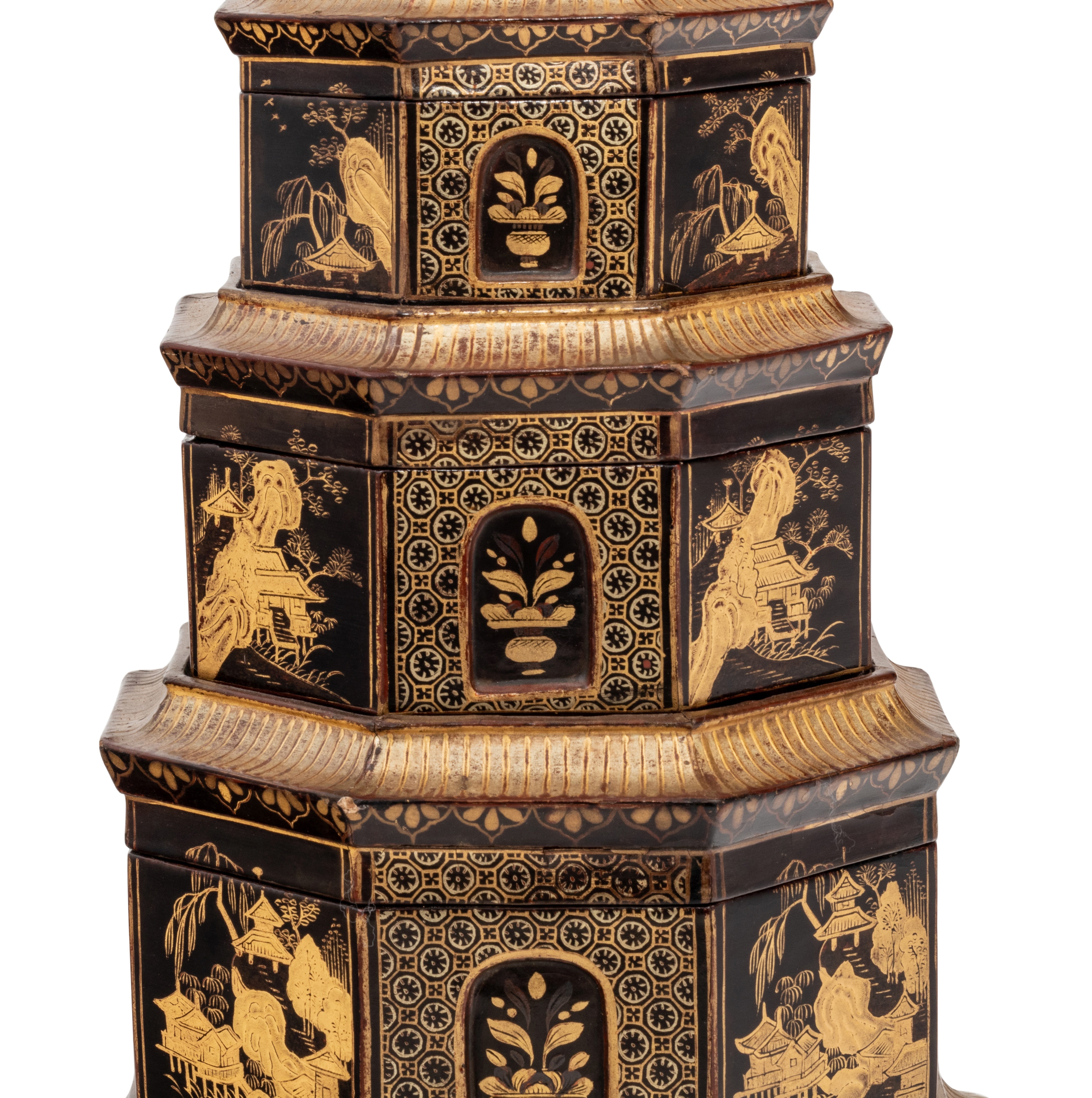 A Chinese Export Black and Gilt Lacquer Pagoda-Form Stacking Container - Image 4 of 9