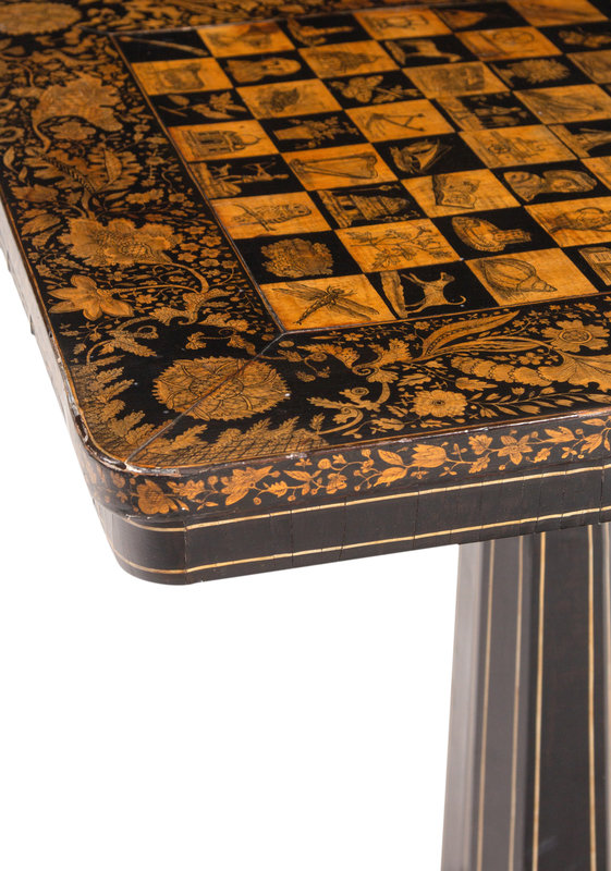 A Regency Penwork, Ebonized and Cream-Painted Game Table - Image 5 of 9