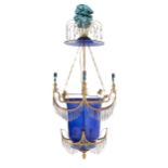 A Russian Gilt Metal, Cobalt and Colorless Glass Four-Light Hall Lantern