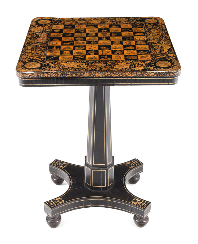 A Regency Penwork, Ebonized and Cream-Painted Game Table