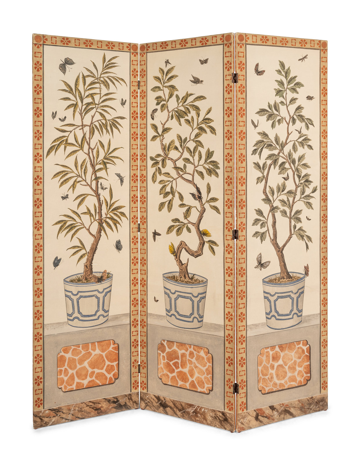 A Pair of Painted Three-Panel Screens - Image 6 of 16