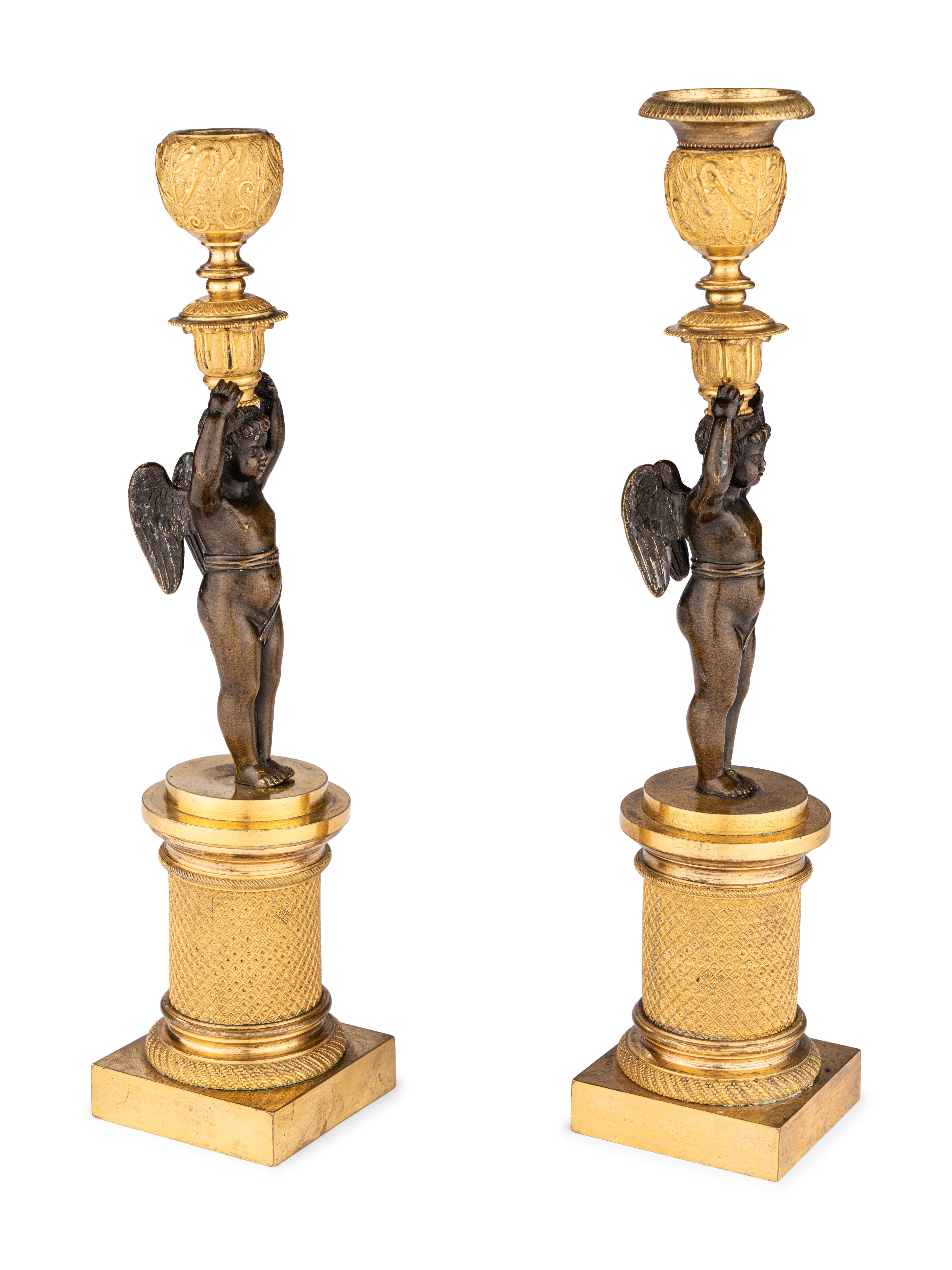 A Pair of Restauration Ormolu and Patinated Bronze Figural Candlesticks - Image 3 of 6