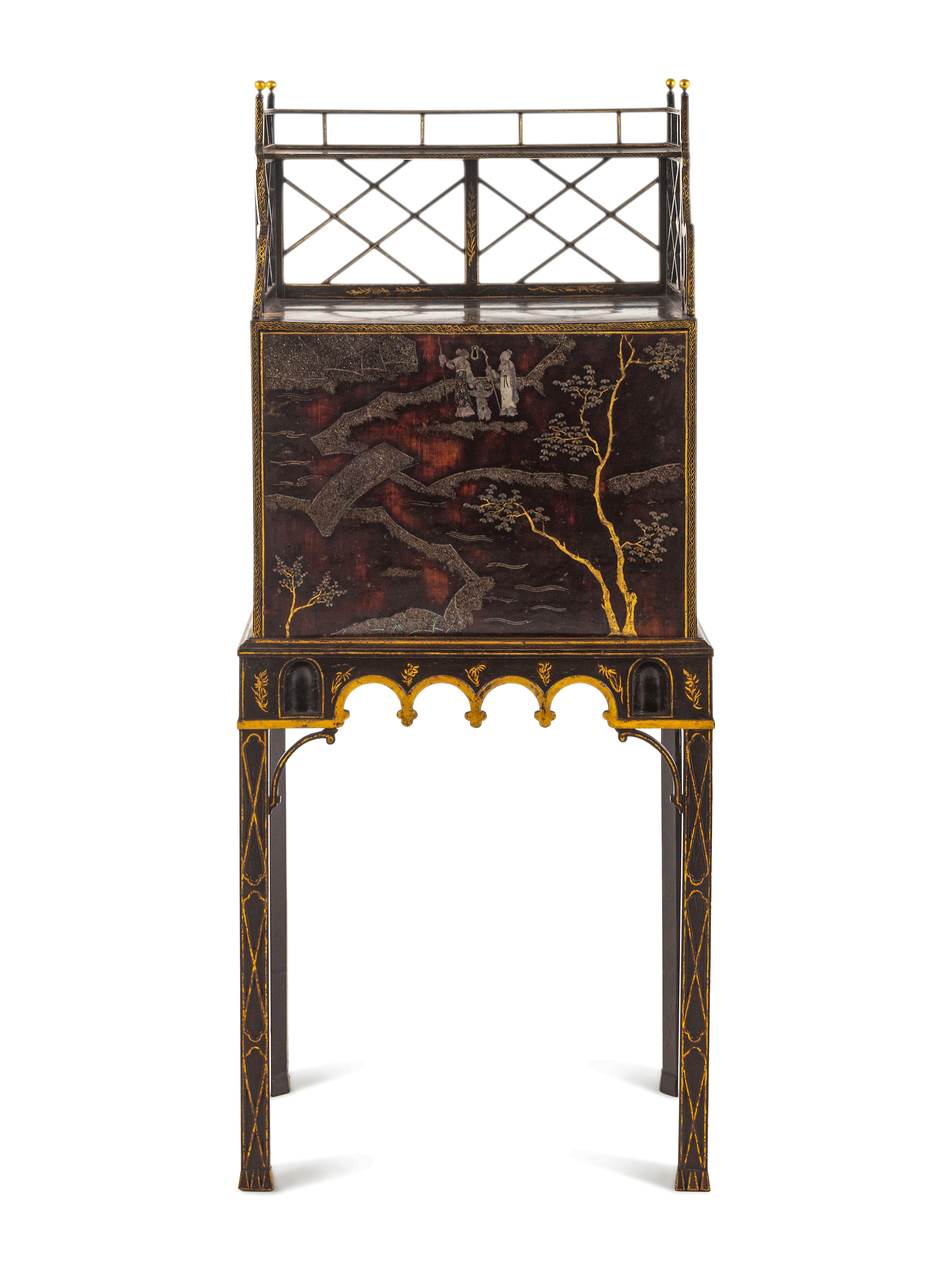 A George III 'Lac Bergaute' and Black and Gilt-Japanned Secretaire Cabinet-on-Stand