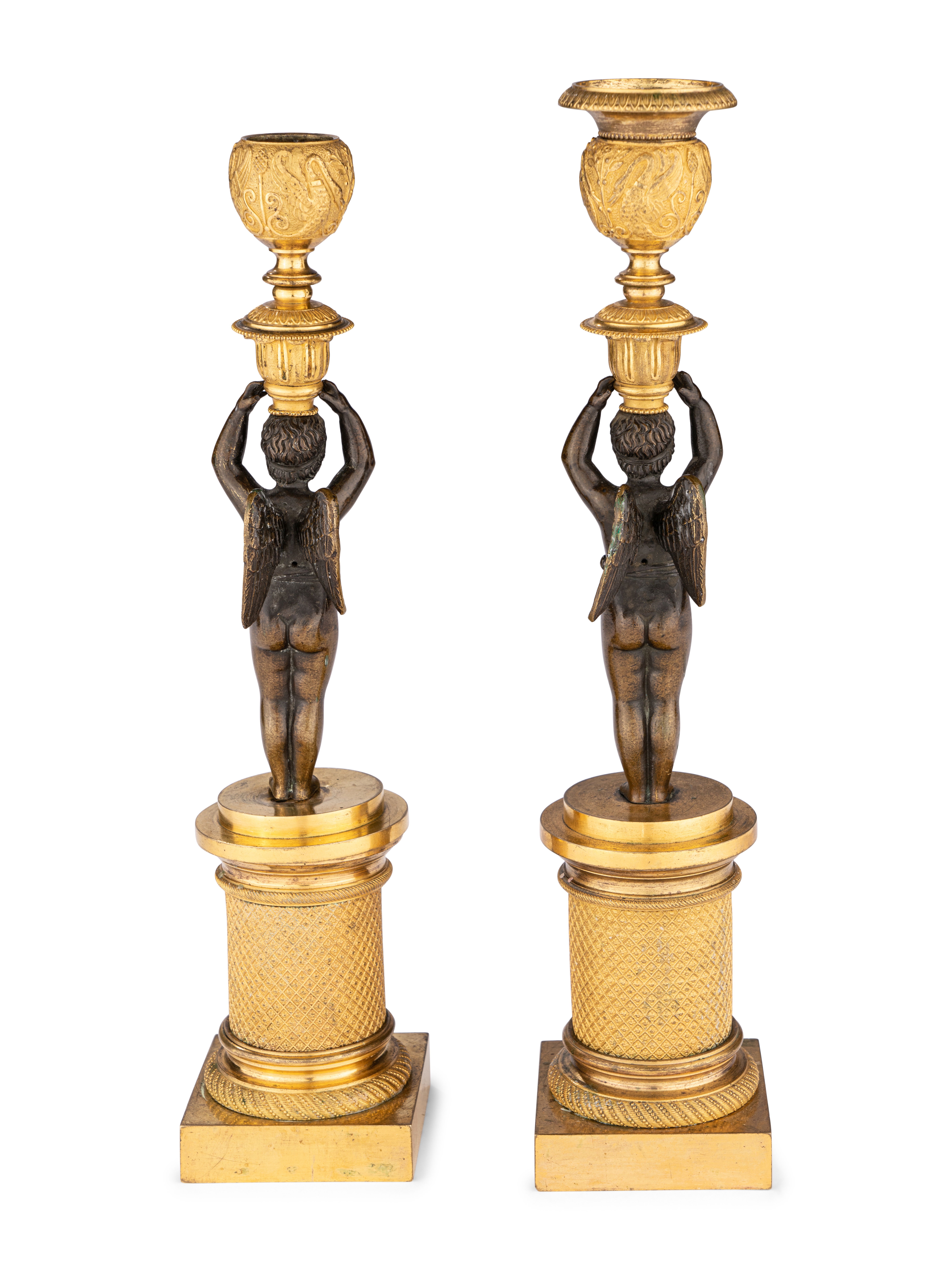 A Pair of Restauration Ormolu and Patinated Bronze Figural Candlesticks - Image 4 of 6