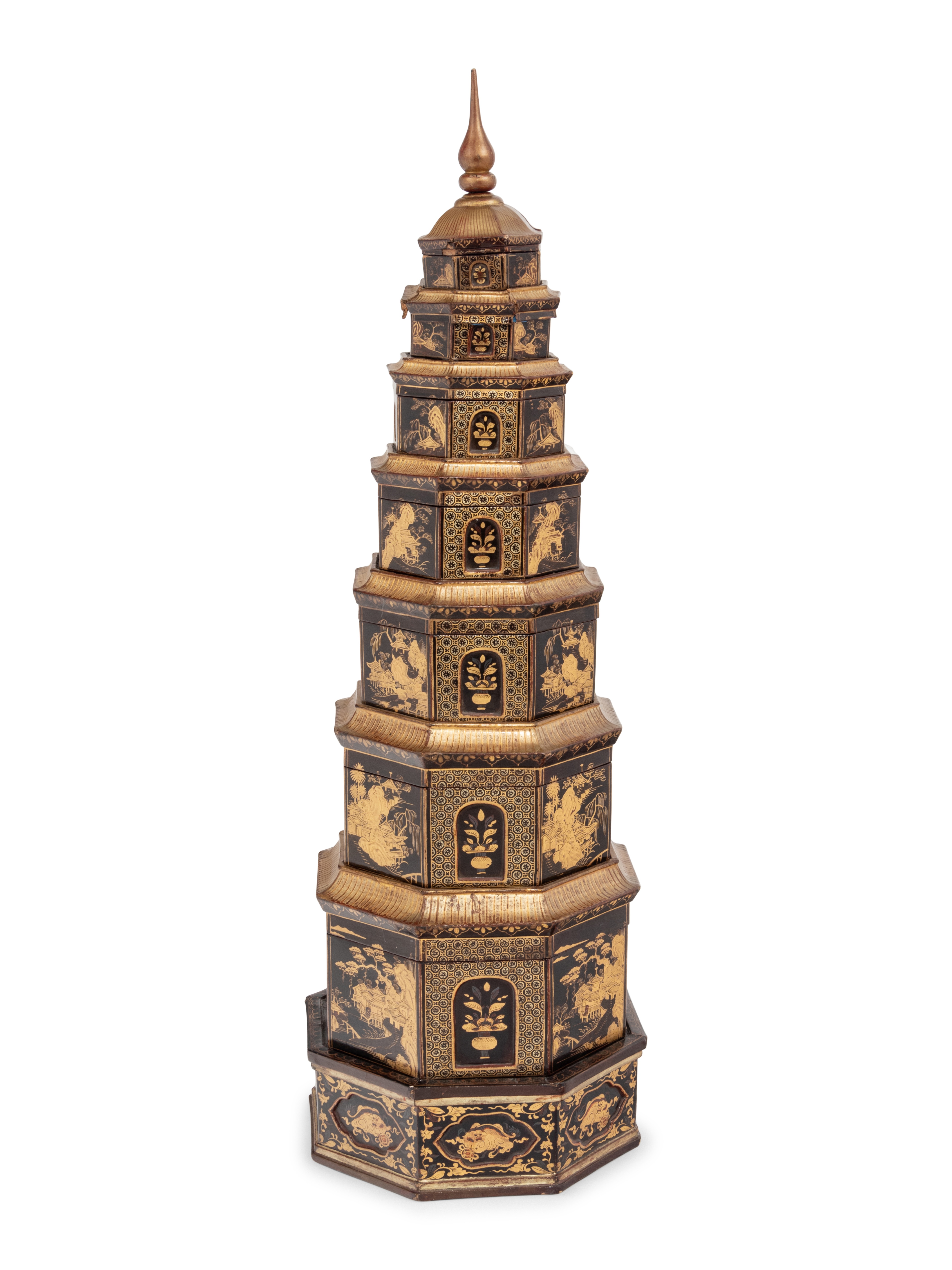 A Chinese Export Black and Gilt Lacquer Pagoda-Form Stacking Container - Image 3 of 9