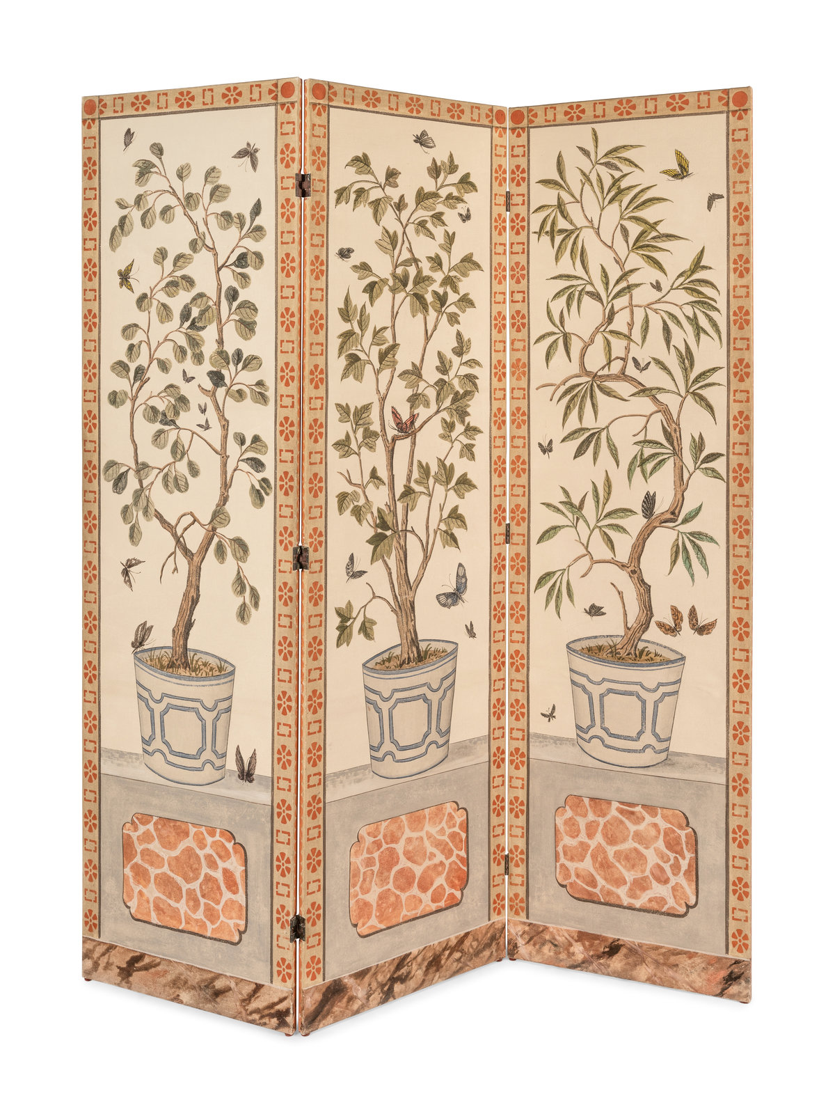A Pair of Painted Three-Panel Screens - Image 4 of 16