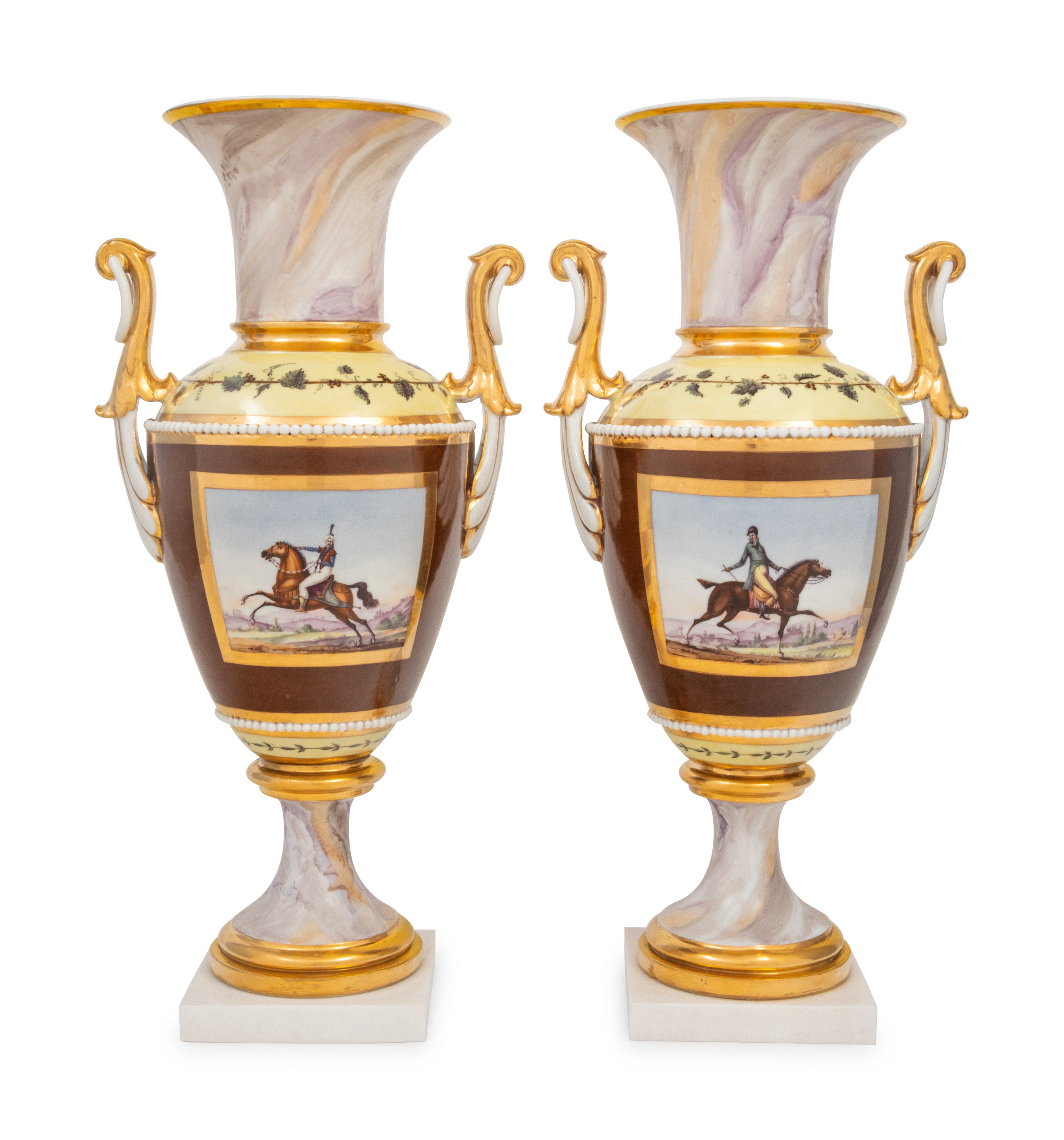 A Pair of Continental Faux Marble, Yellow and Chocolate Brown-Ground Porcelain Vases