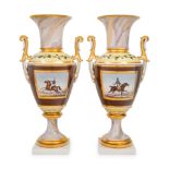 A Pair of Continental Faux Marble, Yellow and Chocolate Brown-Ground Porcelain Vases