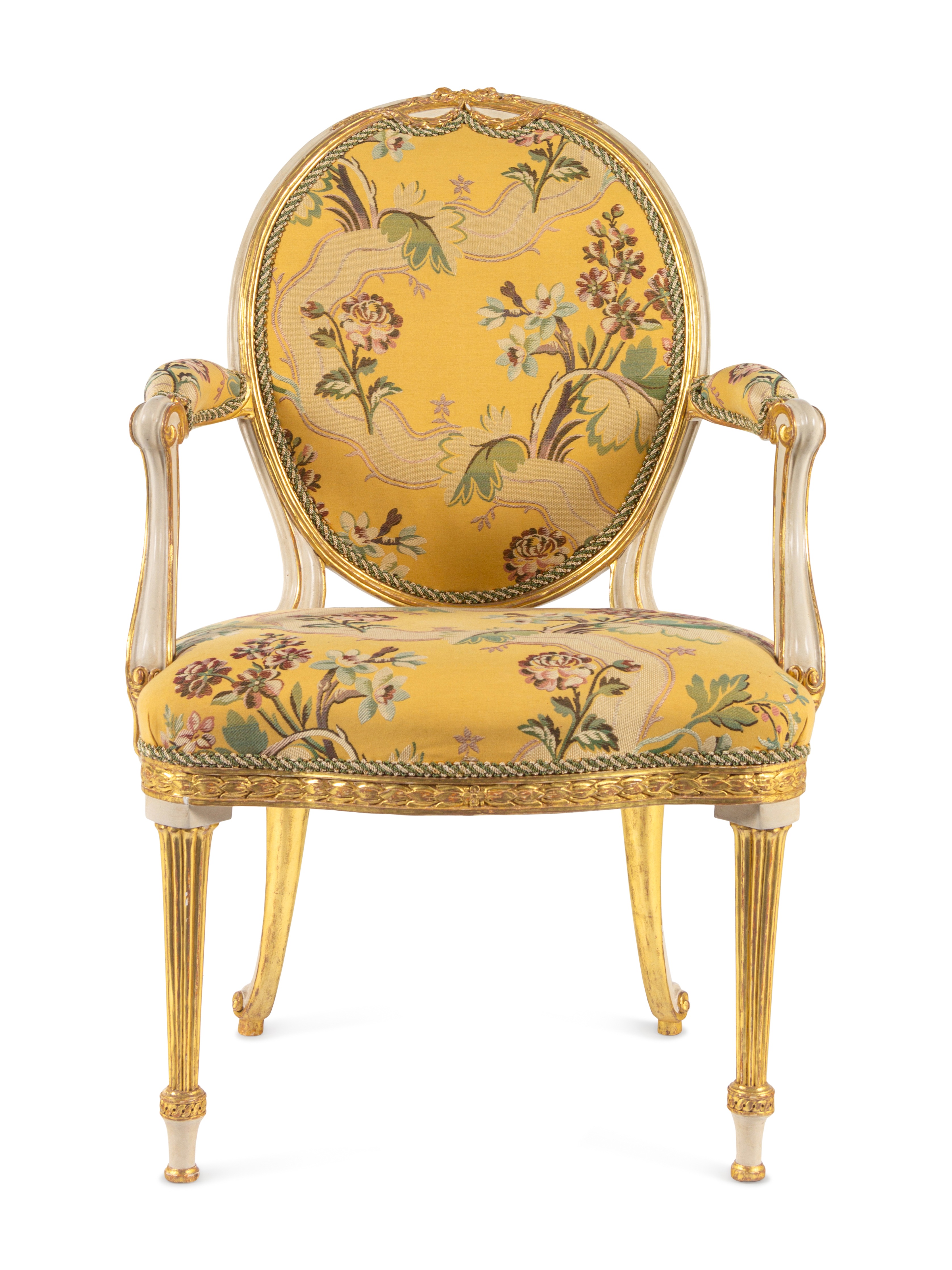 A George III White-Painted and Parcel-Gilt Open Armchair