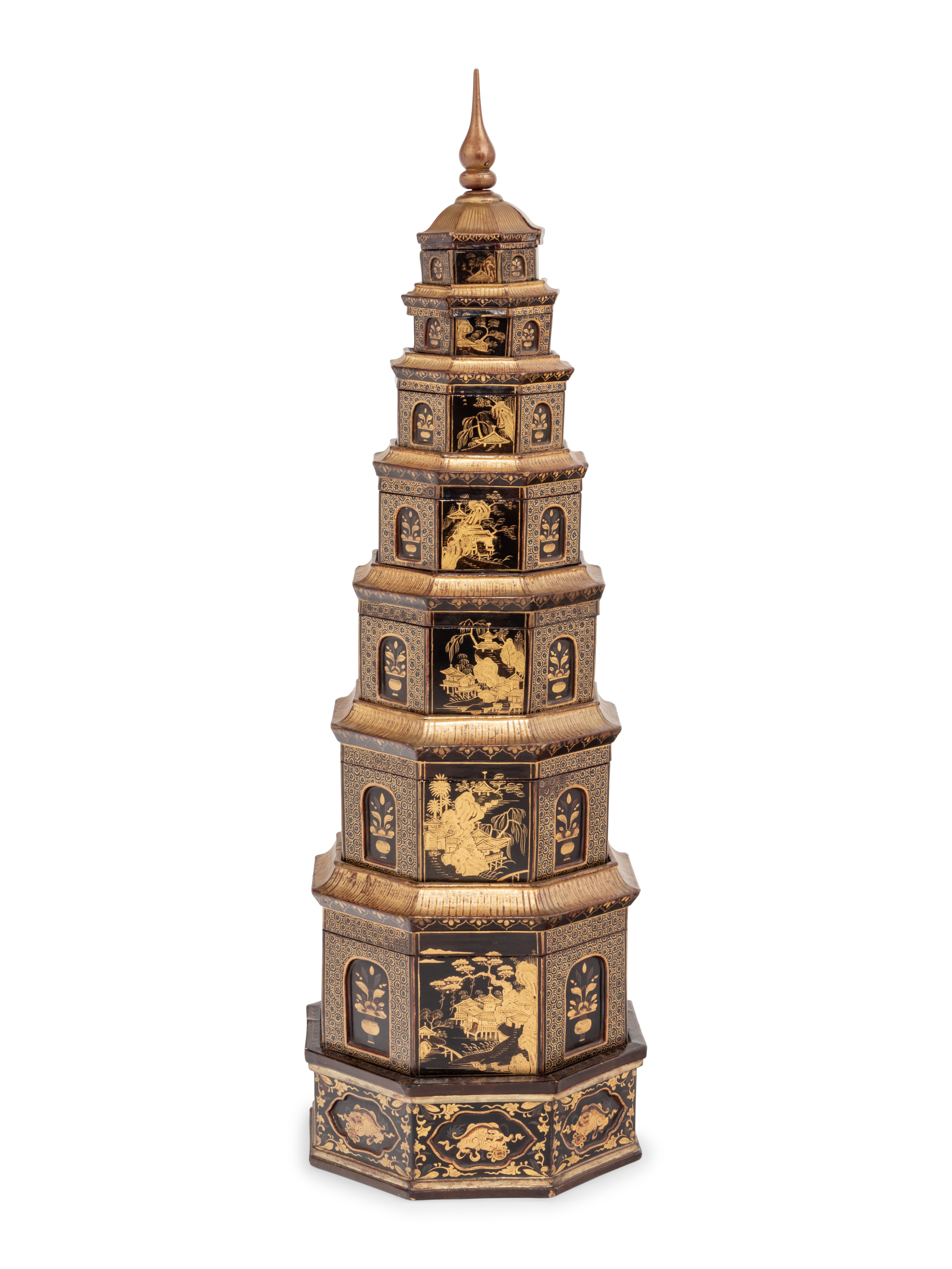 A Chinese Export Black and Gilt Lacquer Pagoda-Form Stacking Container - Image 2 of 9