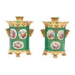 A Pair of French Green-Ground Porcelain Potpourri Urns