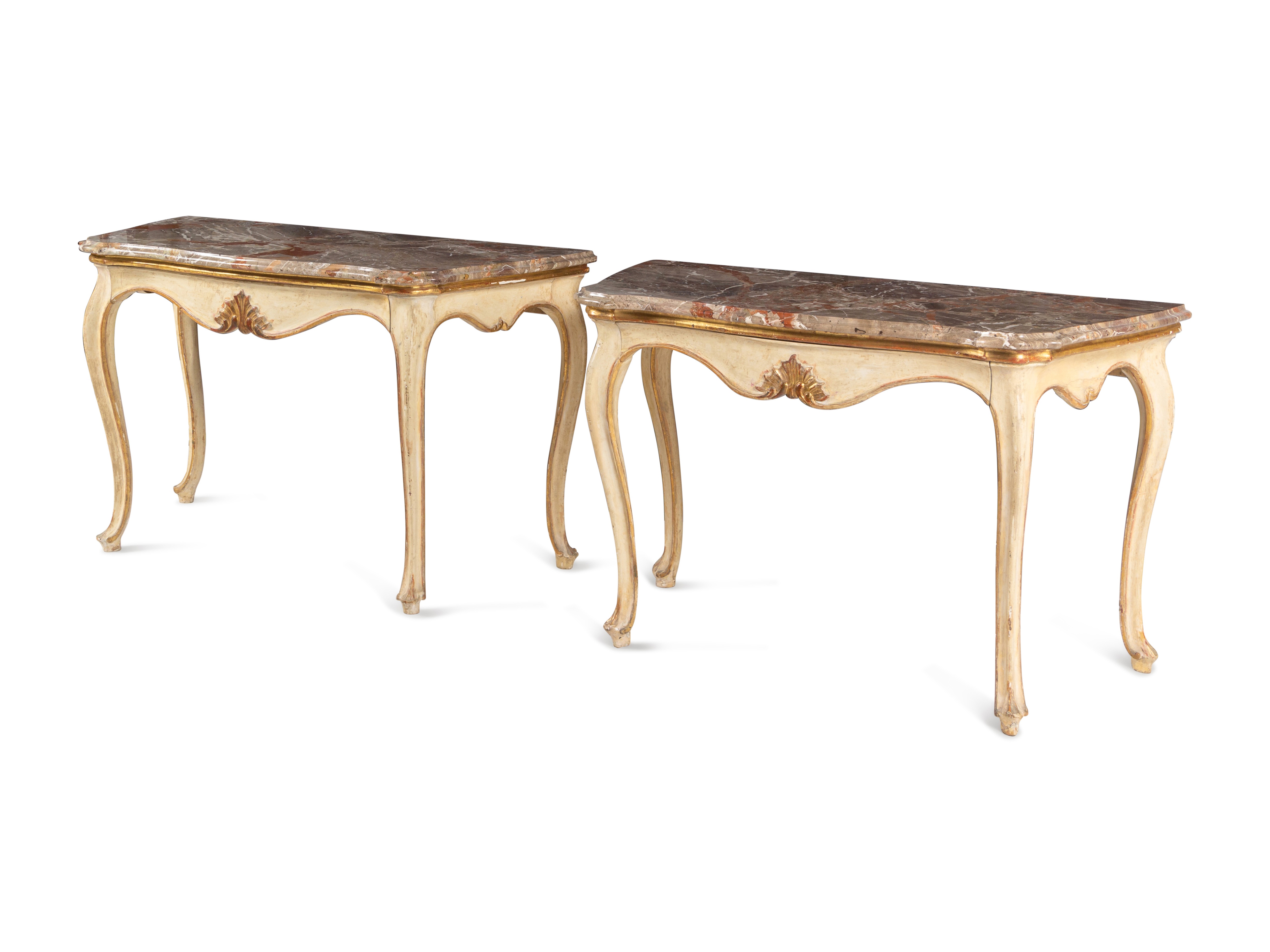 A Pair of Italian Painted and Parcel-Gilt Marble-Top Console Tables - Image 3 of 6