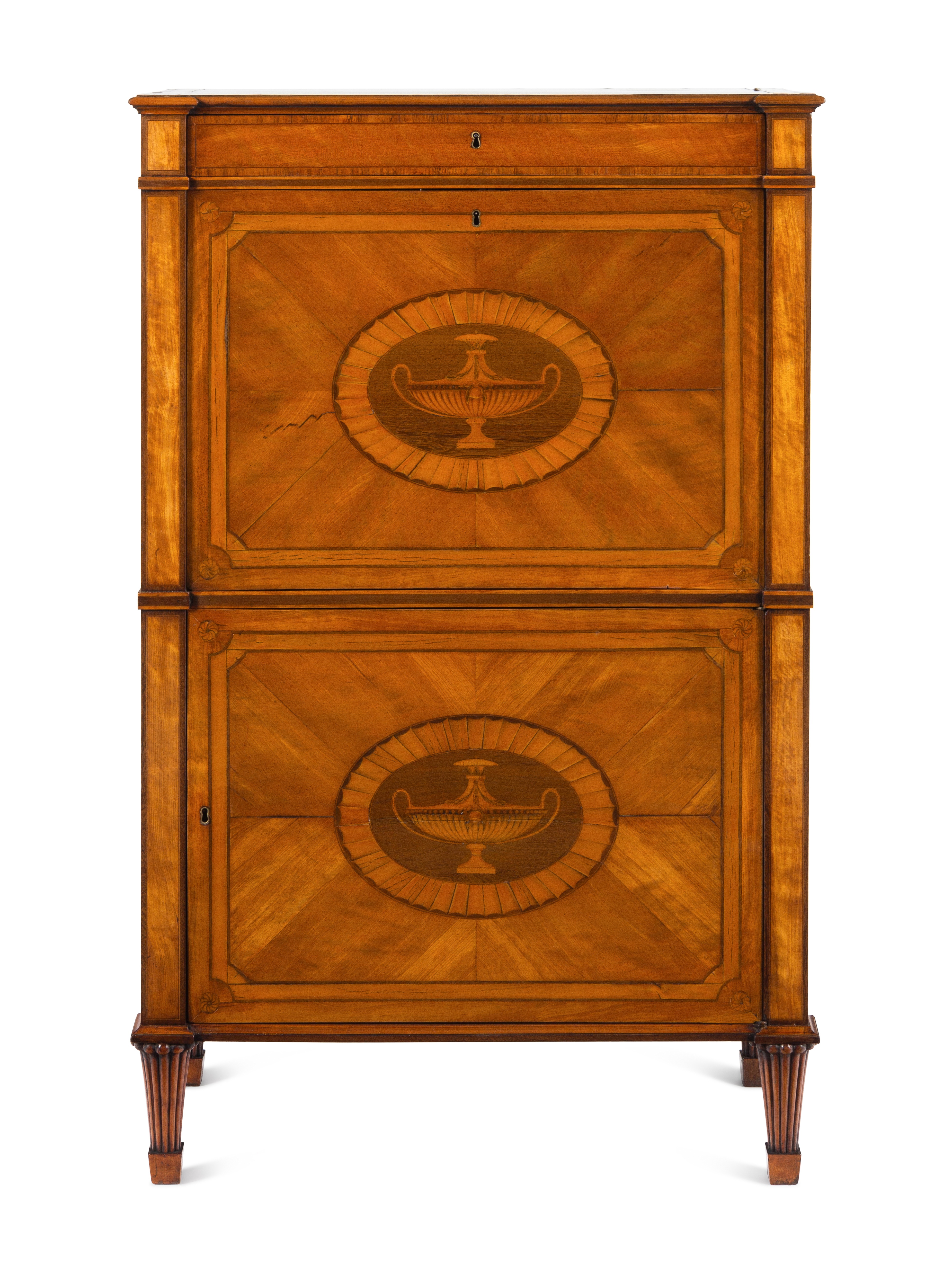 A George III Satinwood, Tulipwood and Amaranth Marquetry Fall-Front Secretaire