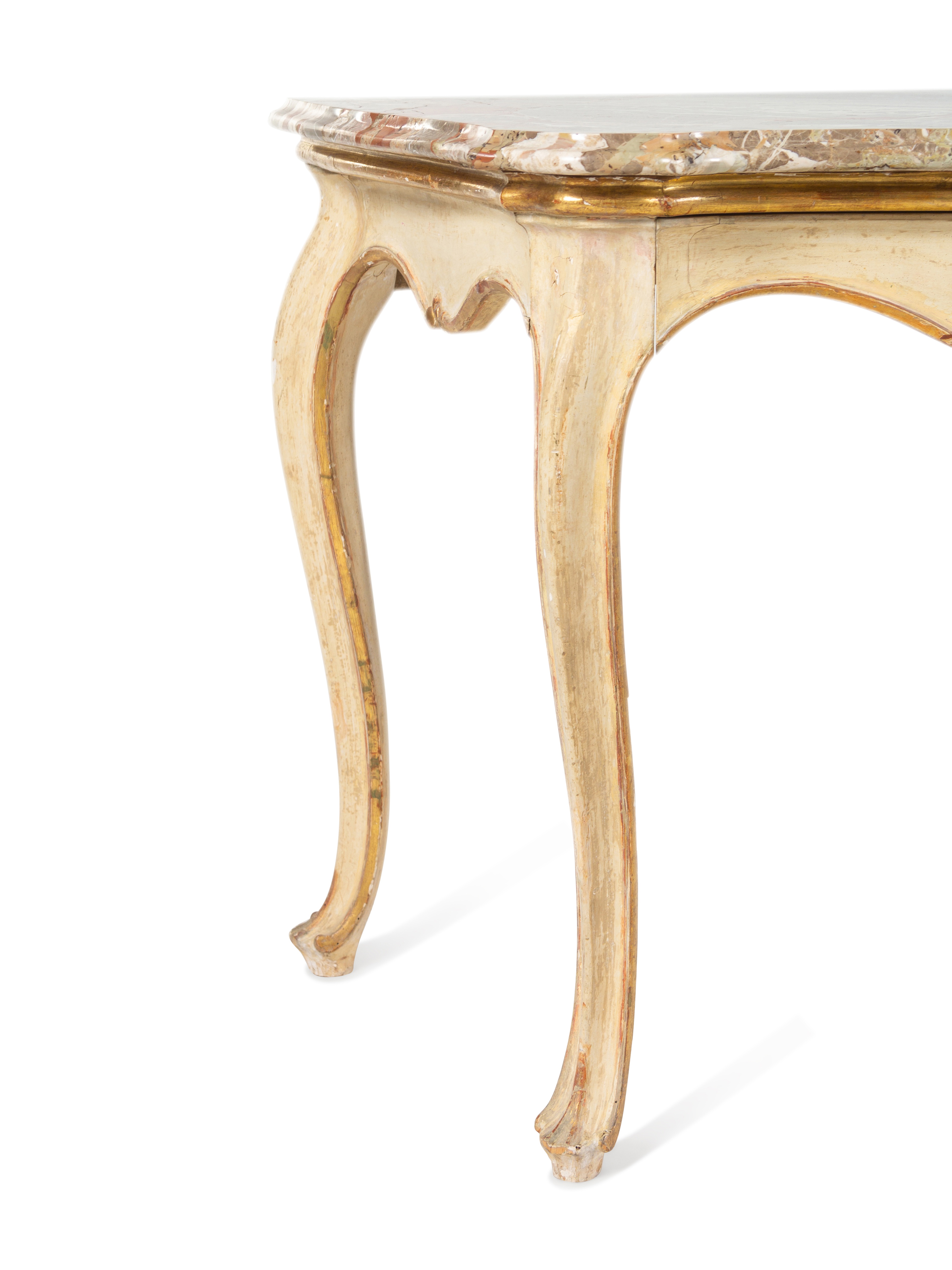 A Pair of Italian Painted and Parcel-Gilt Marble-Top Console Tables - Image 5 of 6