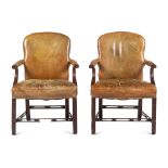 A Pair of George III Style Leather-Upholstered Mahogany Armchairs