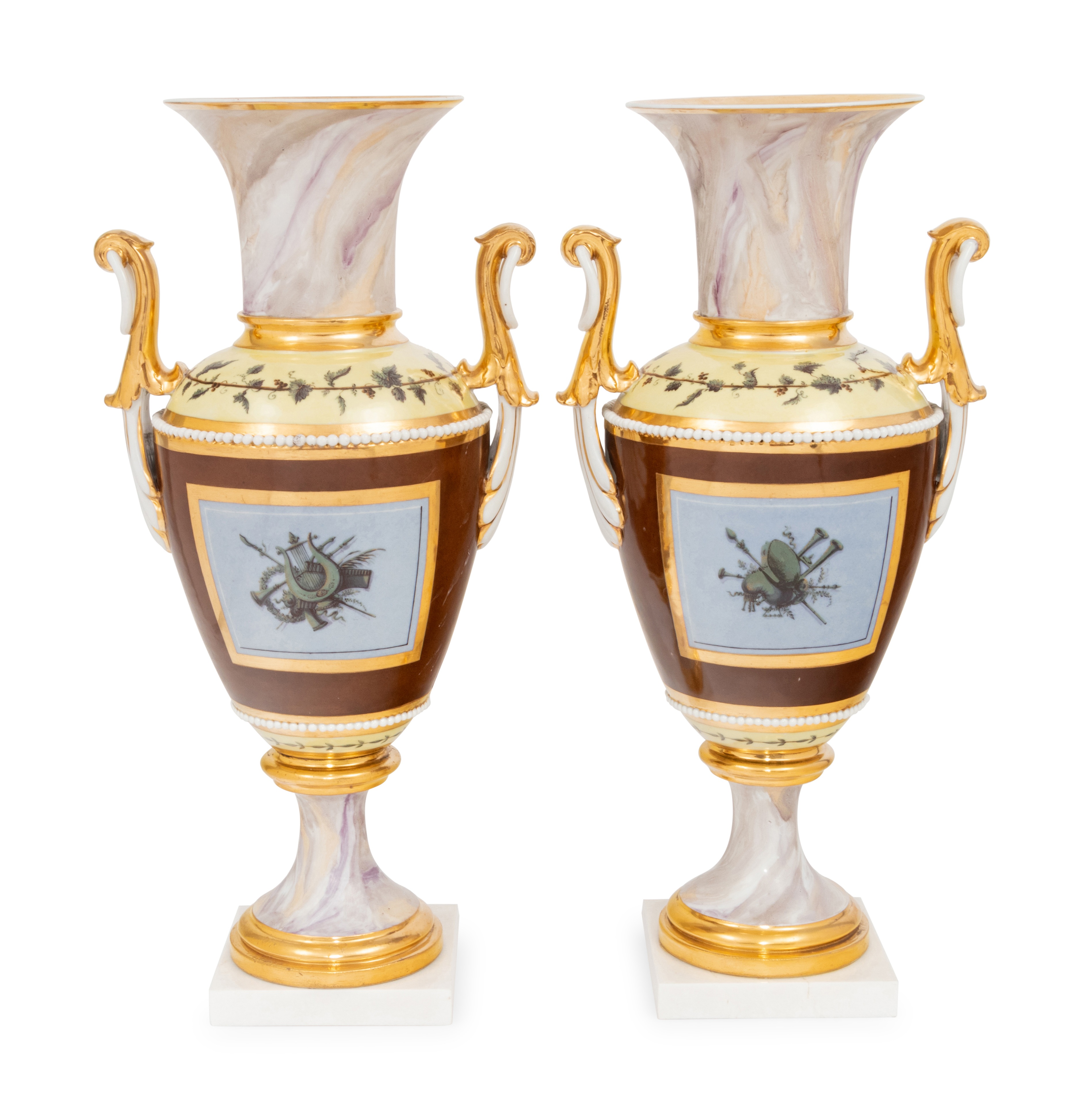 A Pair of Continental Faux Marble, Yellow and Chocolate Brown-Ground Porcelain Vases - Image 3 of 8