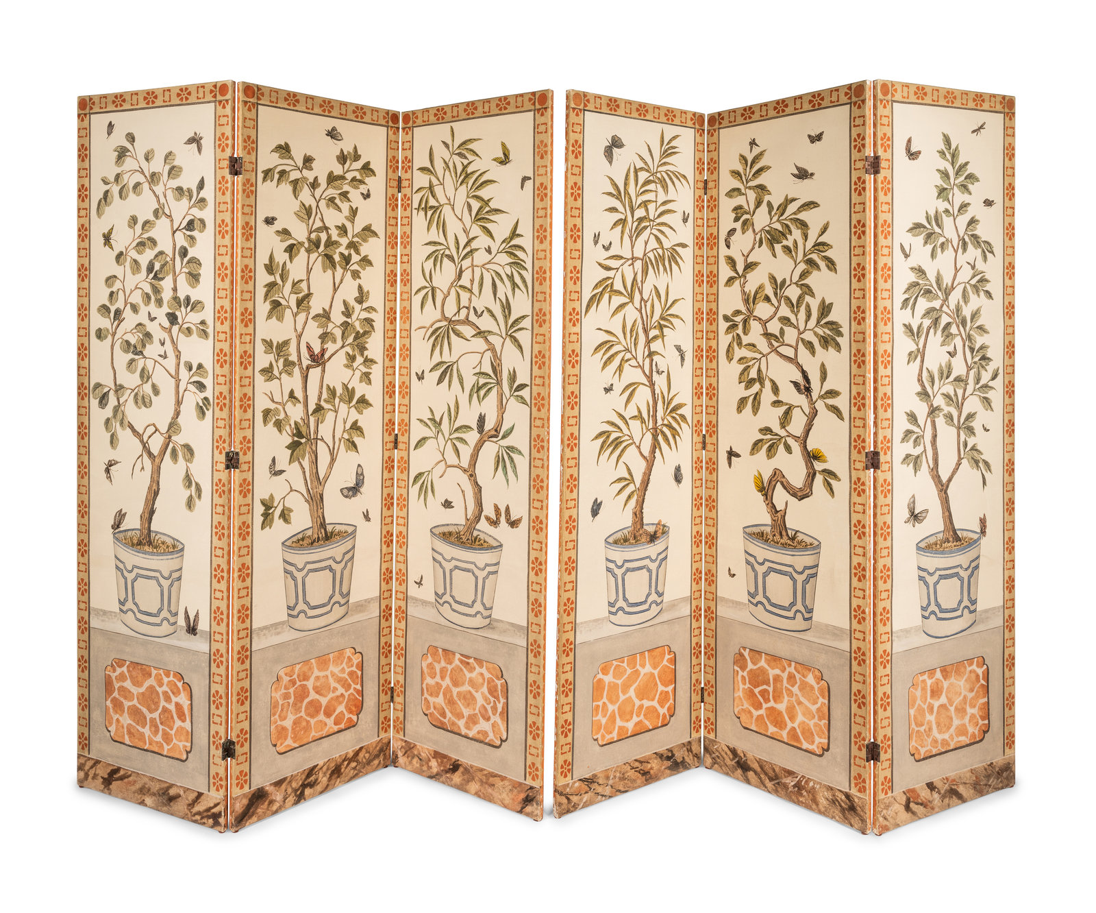 A Pair of Painted Three-Panel Screens - Image 3 of 16