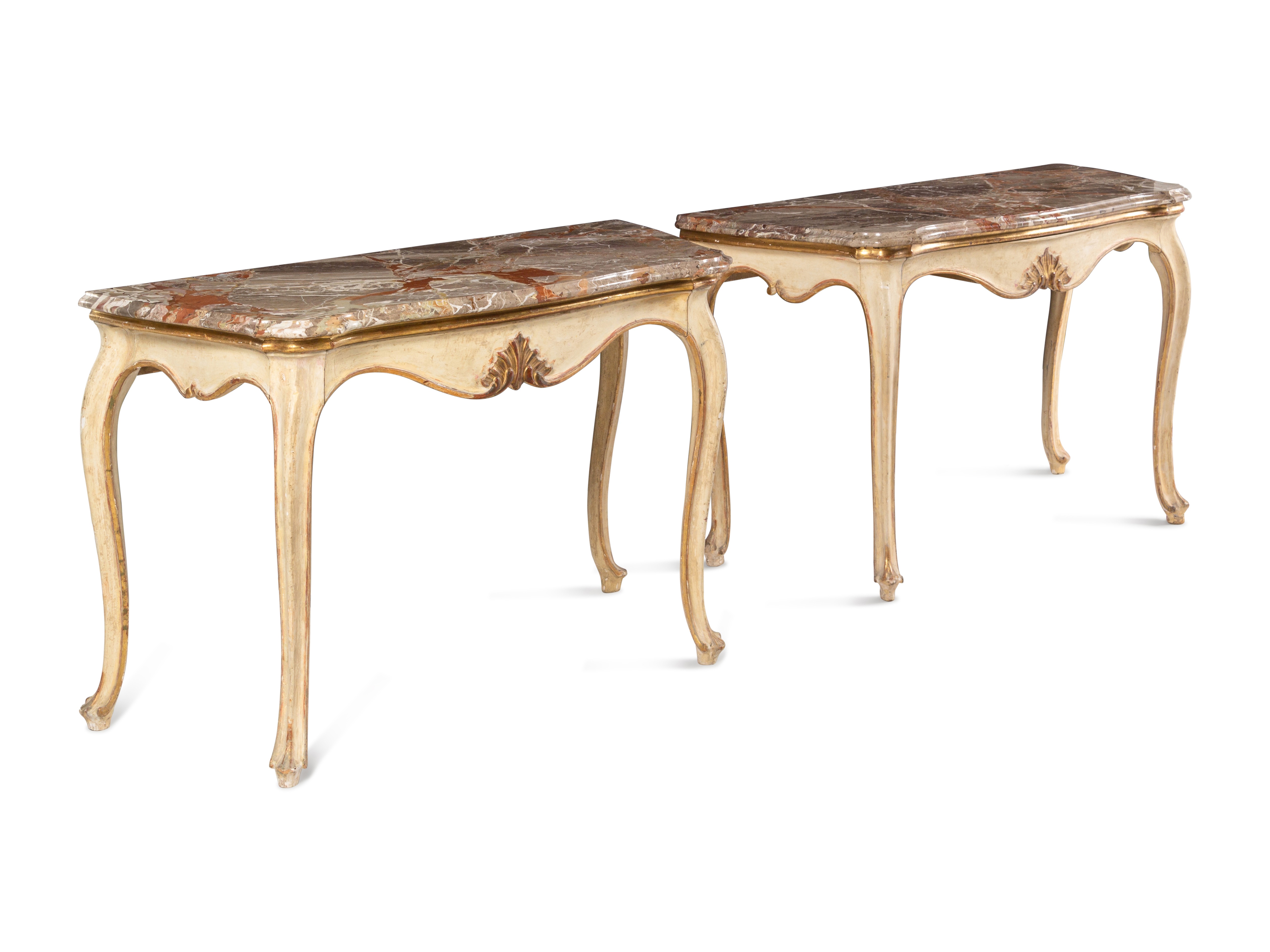 A Pair of Italian Painted and Parcel-Gilt Marble-Top Console Tables - Image 2 of 6