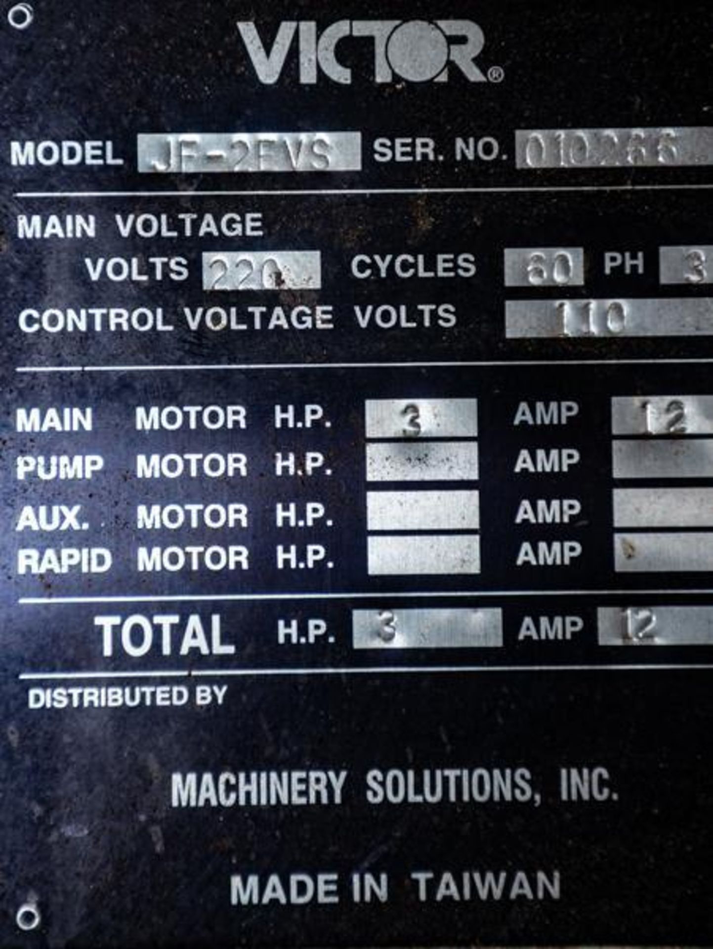 Victor JF-2VS Vertical Mill, S/N: 010266, 3hp 220v 3ph, W/Newall C802000 X/Y Readout, X Axis Feed, 9 - Image 5 of 6