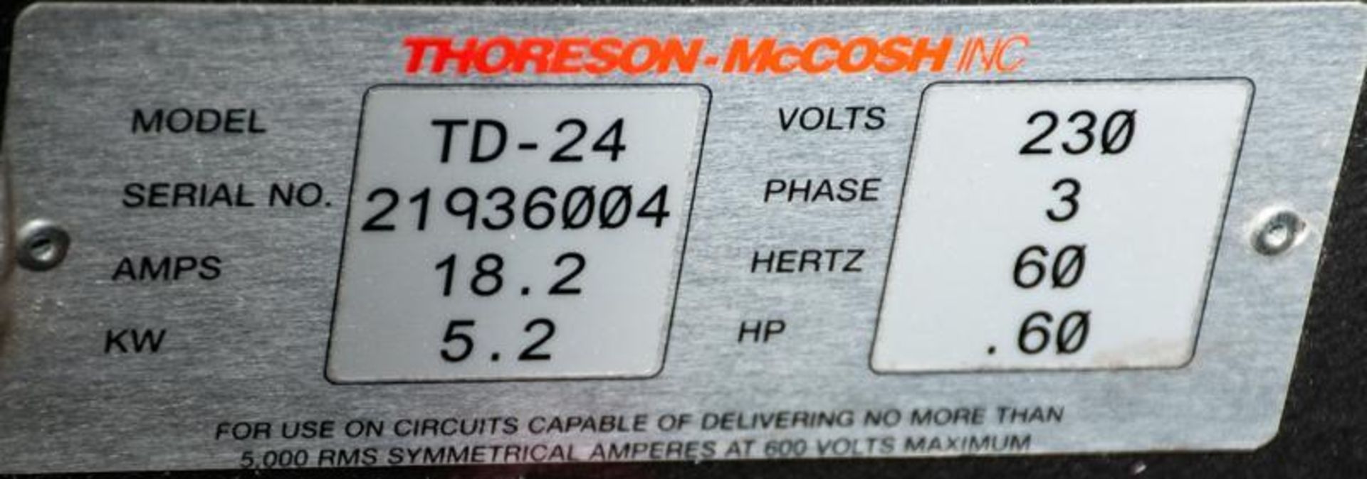 Thoreson-McCash TD-24 Dryer S/N: 21936004. 230v 3ph, Closed Loop Non-Valve Drying System - Image 2 of 2