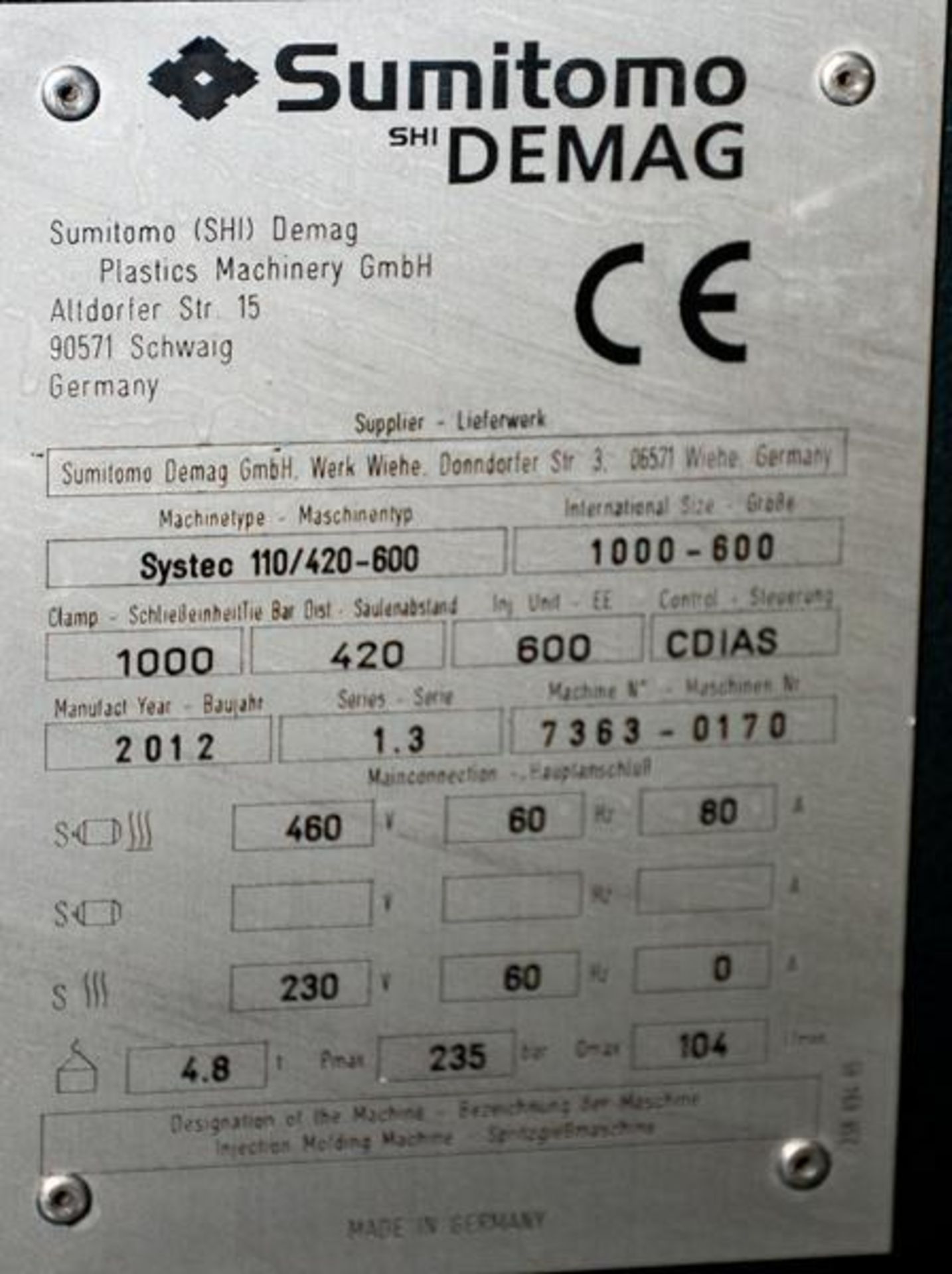 2012 Sumitomo Shi Demag Systec 110-420-600 Hybrid Injection Mold Press, Sumitomo NC5 Controls - Image 8 of 8