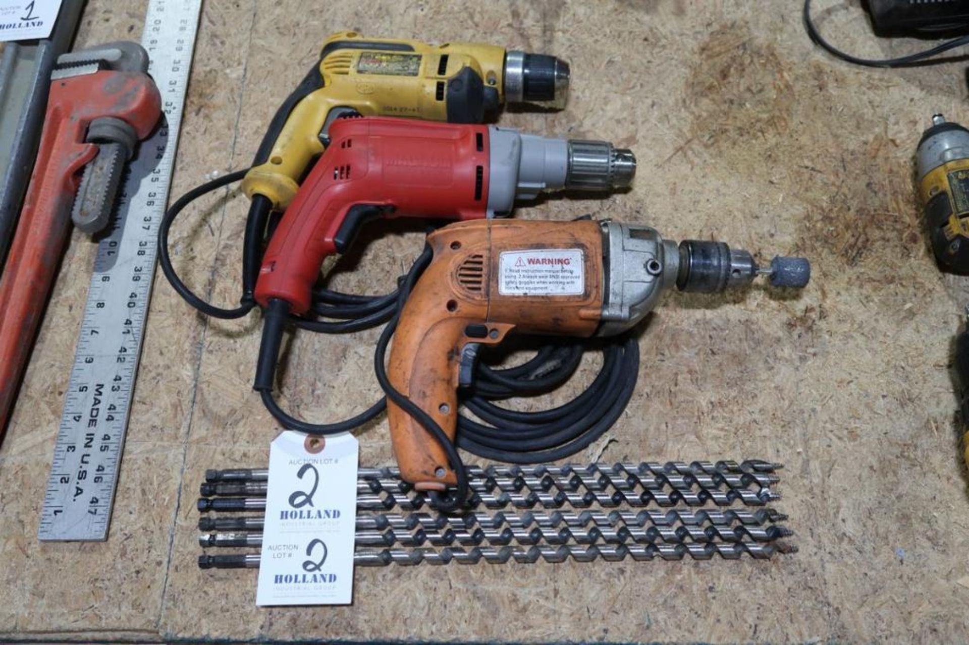 (3) Electric Drills: (1) Milwaukee Magnum 1/2" VSR Drill, (1) DeWalt DWD110 3/8" VSR Drill, (1) Chic