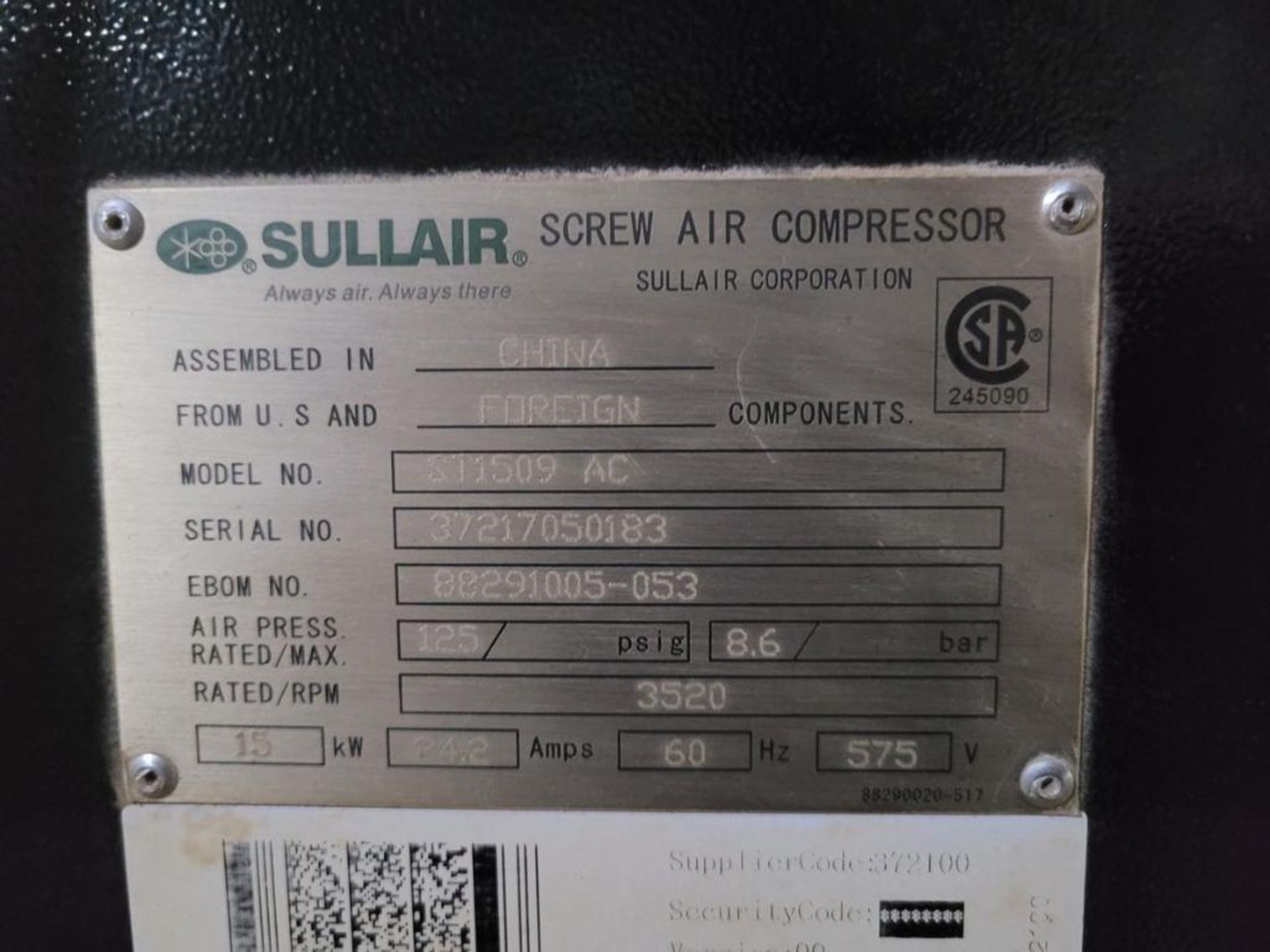 Sullair Model ST1509 Air Compressor: 125 PSIG, 15 KW, 3520 RPM, 575V, 8690 Running Hours, S/N 372170 - Image 5 of 5