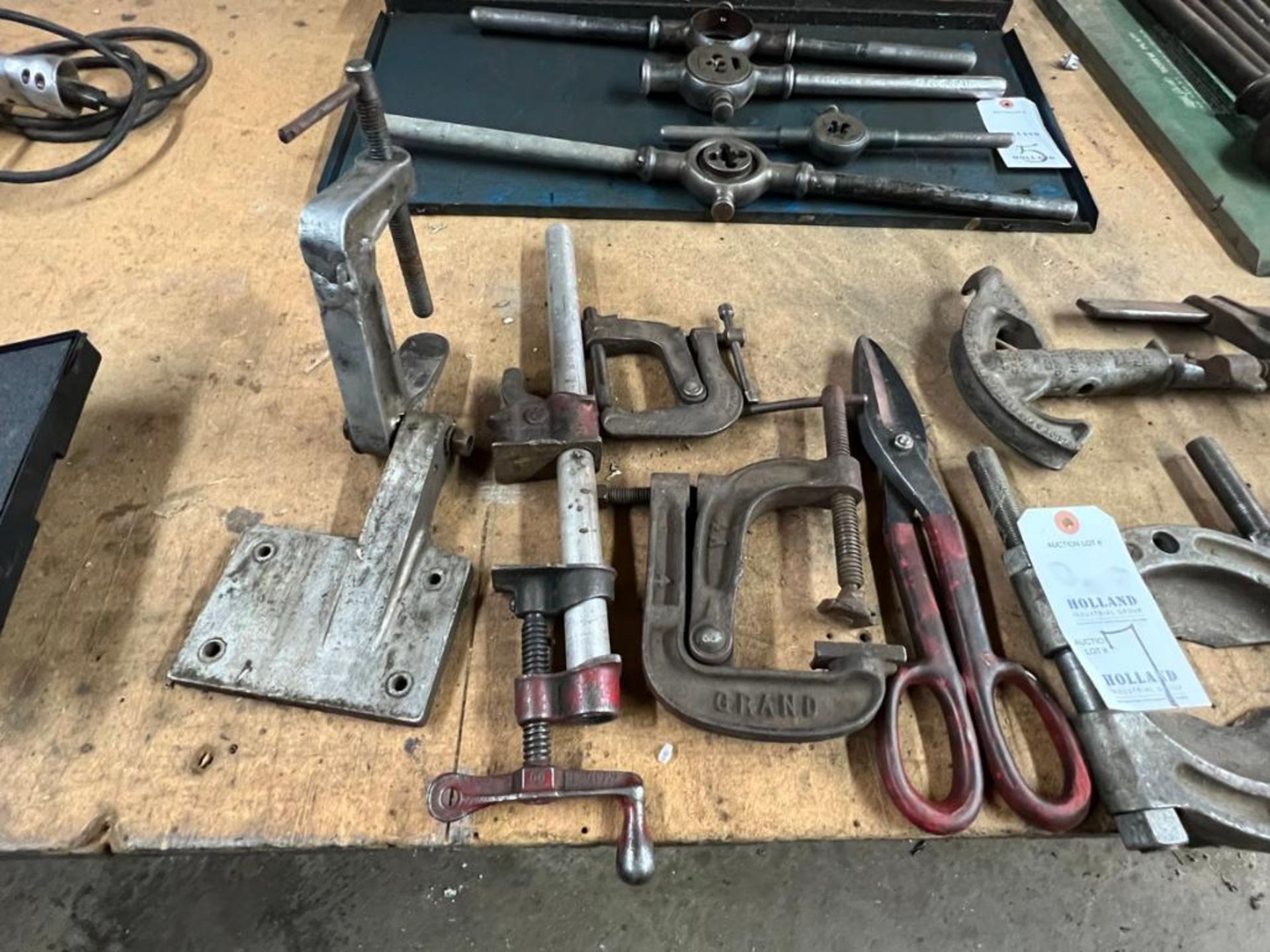 (1) lot of assorted hand tools, (1) 2-1/4" pipe bender, (1) Greenlee, mdl. 718, cable cutters, (1) A - Image 2 of 3