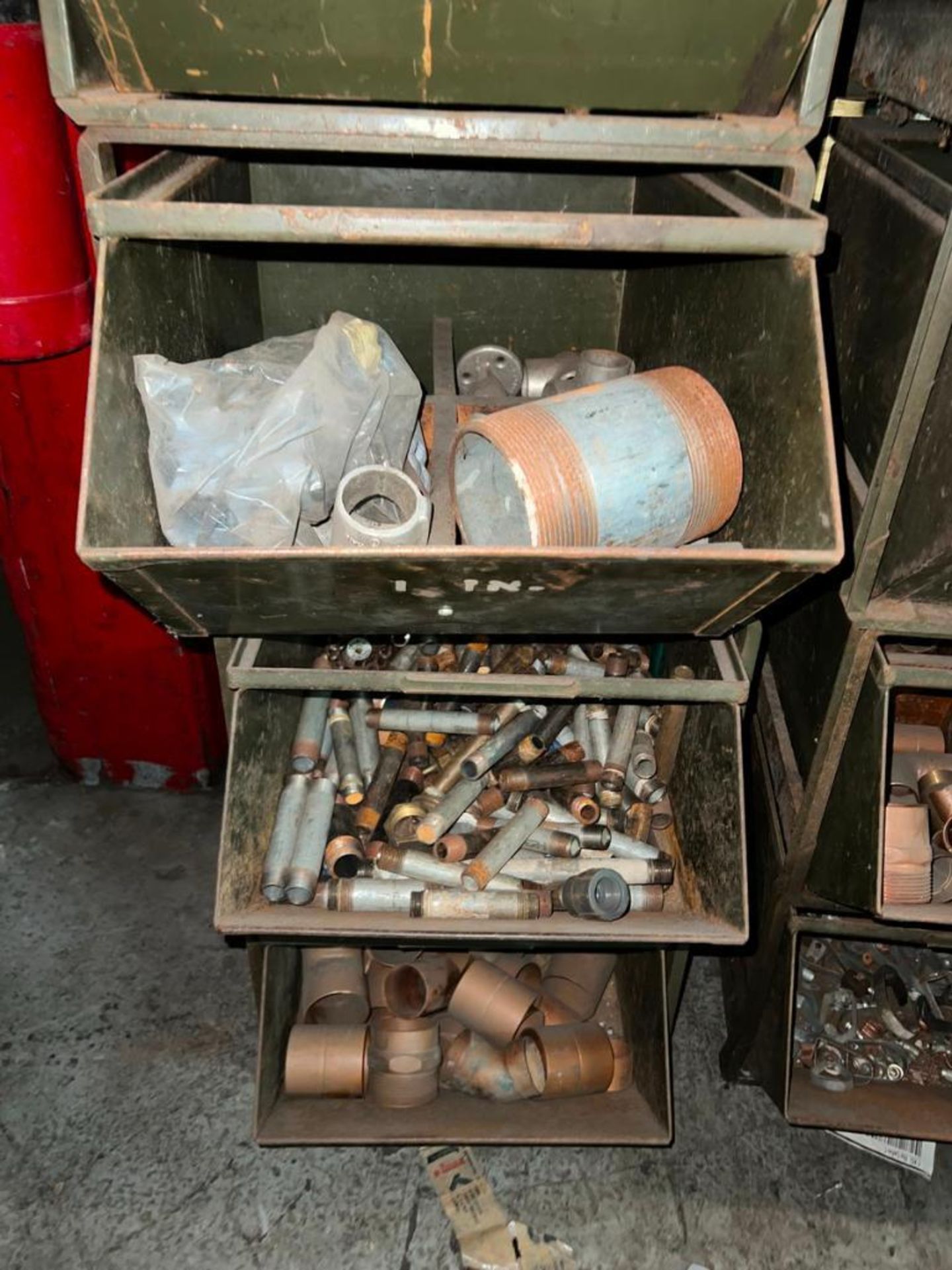 (1) Lot bins with assorted pipe fitting, shut off valves and copper fittings, Located At 32 Mill St, - Image 3 of 12