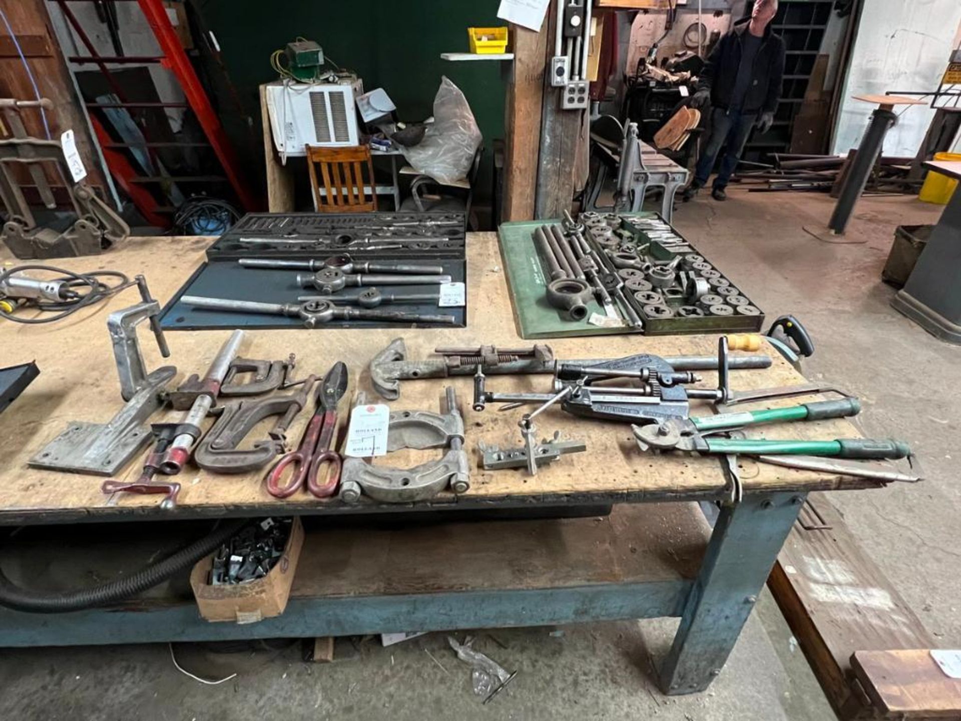 (1) lot of assorted hand tools, (1) 2-1/4" pipe bender, (1) Greenlee, mdl. 718, cable cutters, (1) A