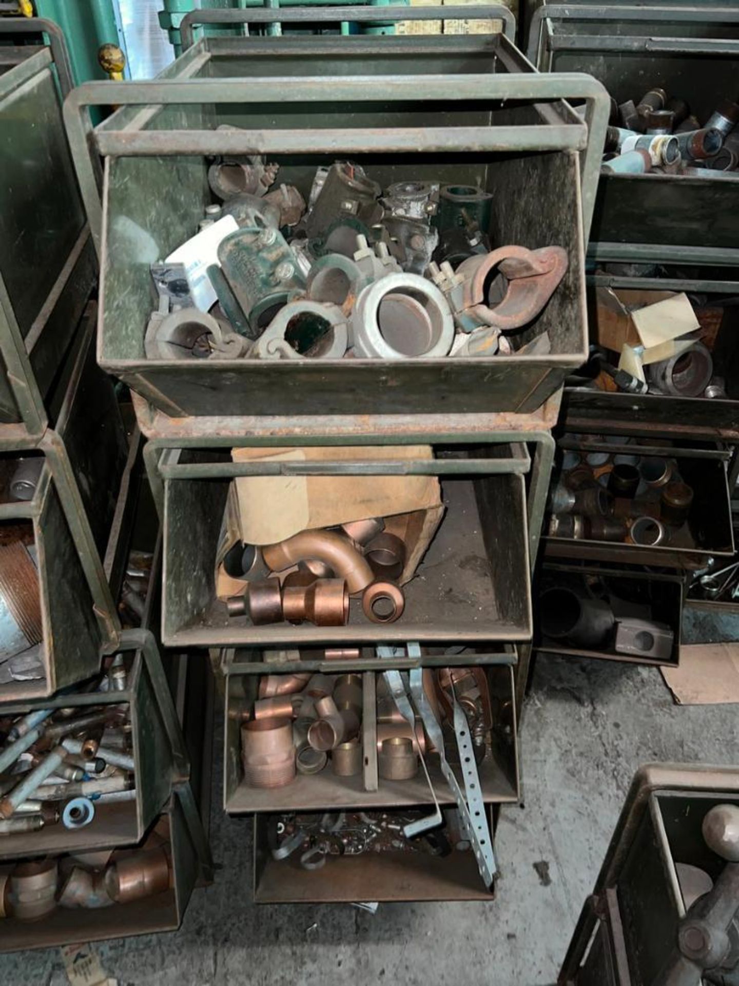 (1) Lot bins with assorted pipe fitting, shut off valves and copper fittings, Located At 32 Mill St, - Image 4 of 12